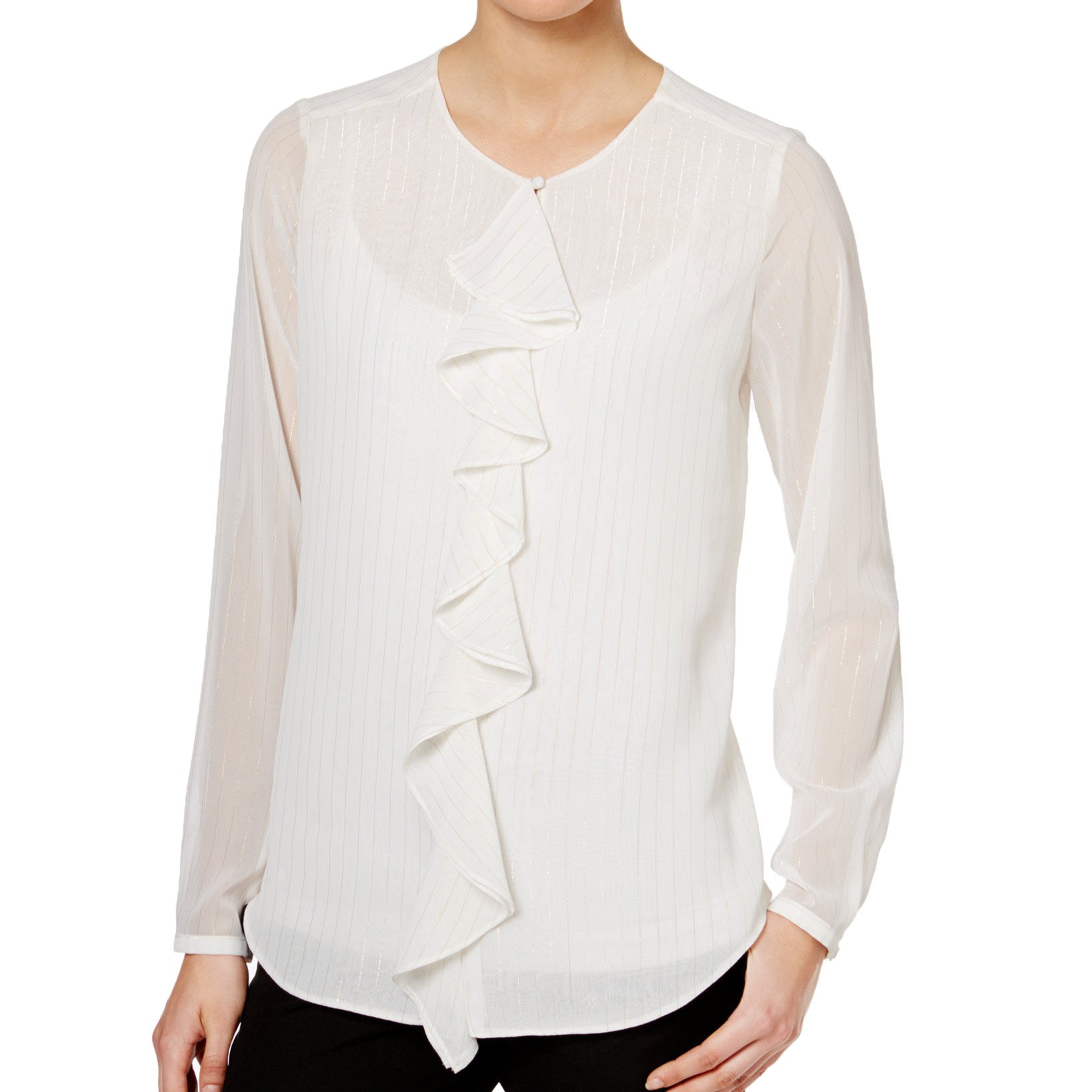 Tommy Hilfiger Women Sheer Stripe Ruffle Front Blouse Ivory Gold