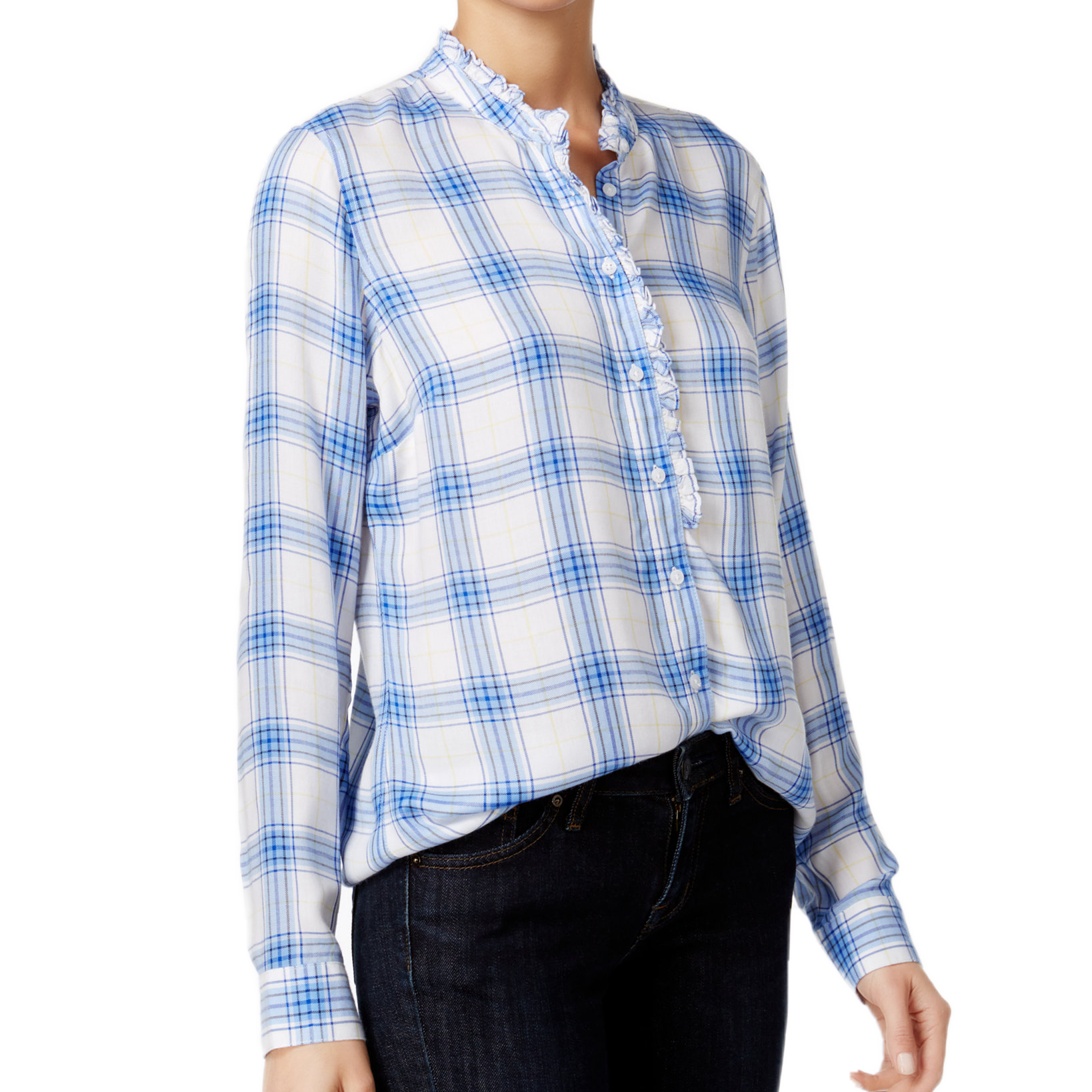 Maison Jules Women Ruffled Plaid Shirt Cobalt Glaze Combo