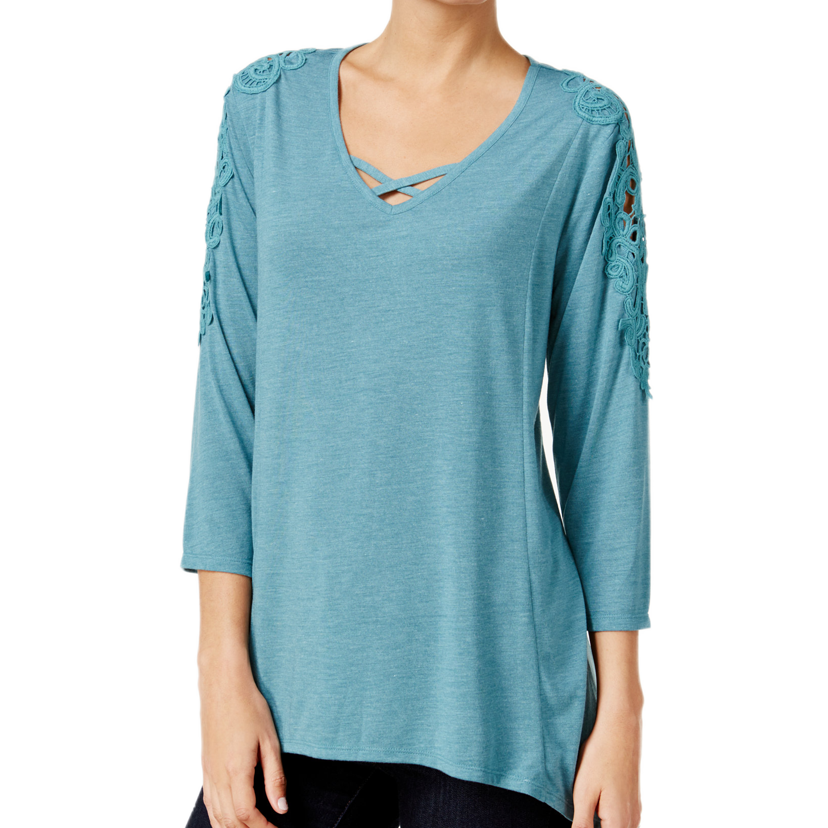 Style & Co Women Lattice Neck Crochet Trim Top Green Nectar
