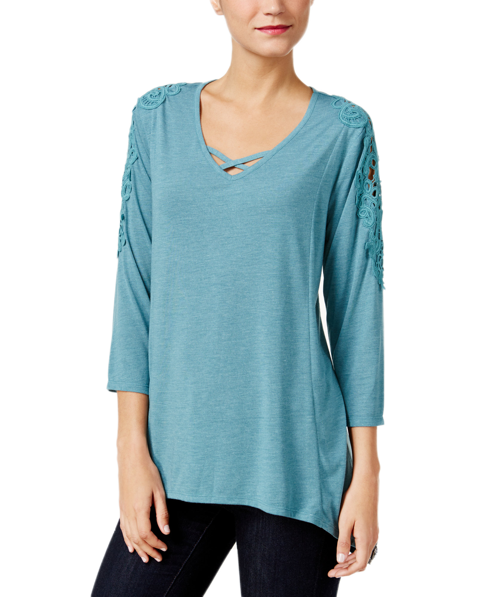 Style & Co Women Lattice Neck Crochet Trim Top Green Nectar