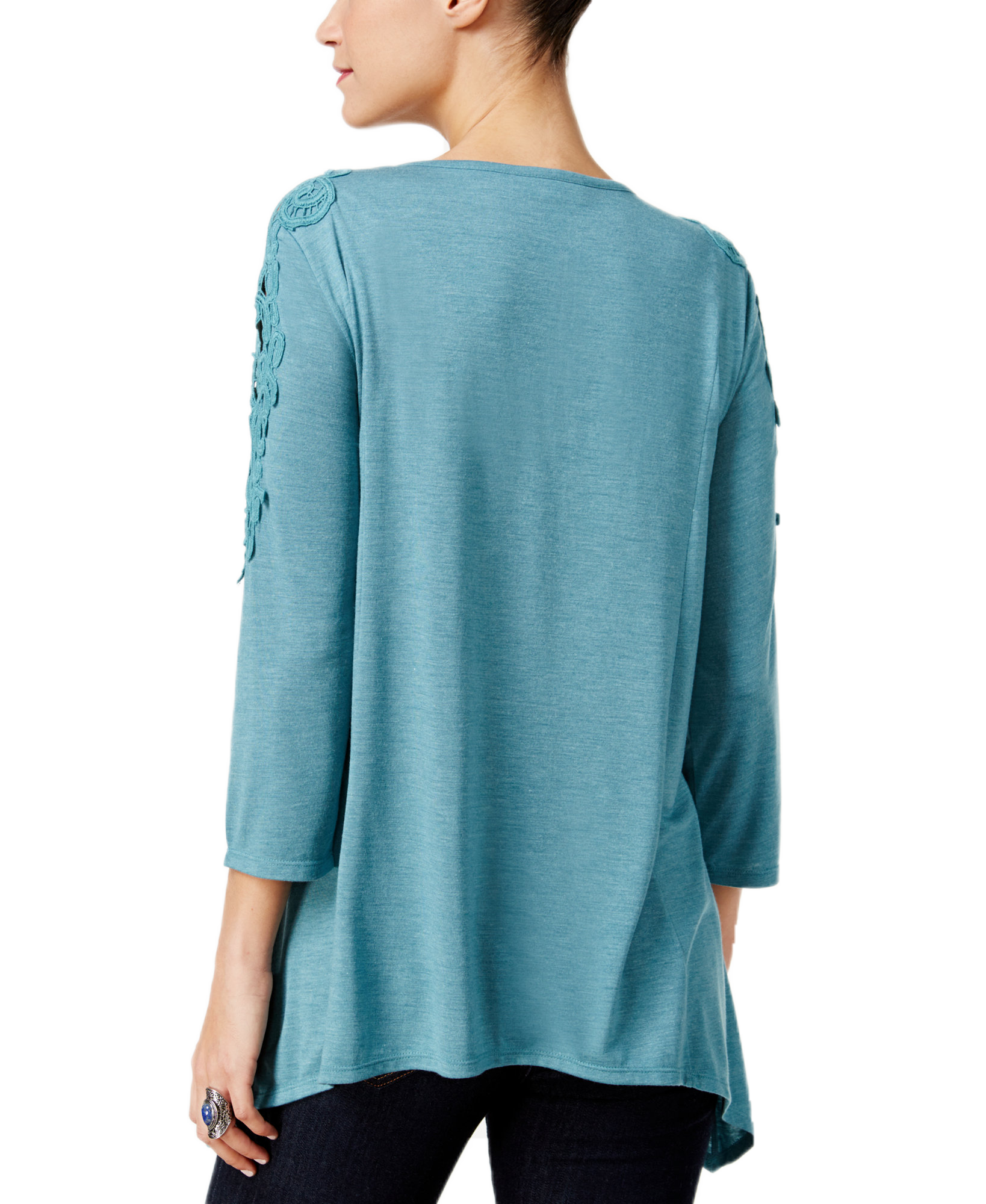 Style & Co Women Lattice Neck Crochet Trim Top