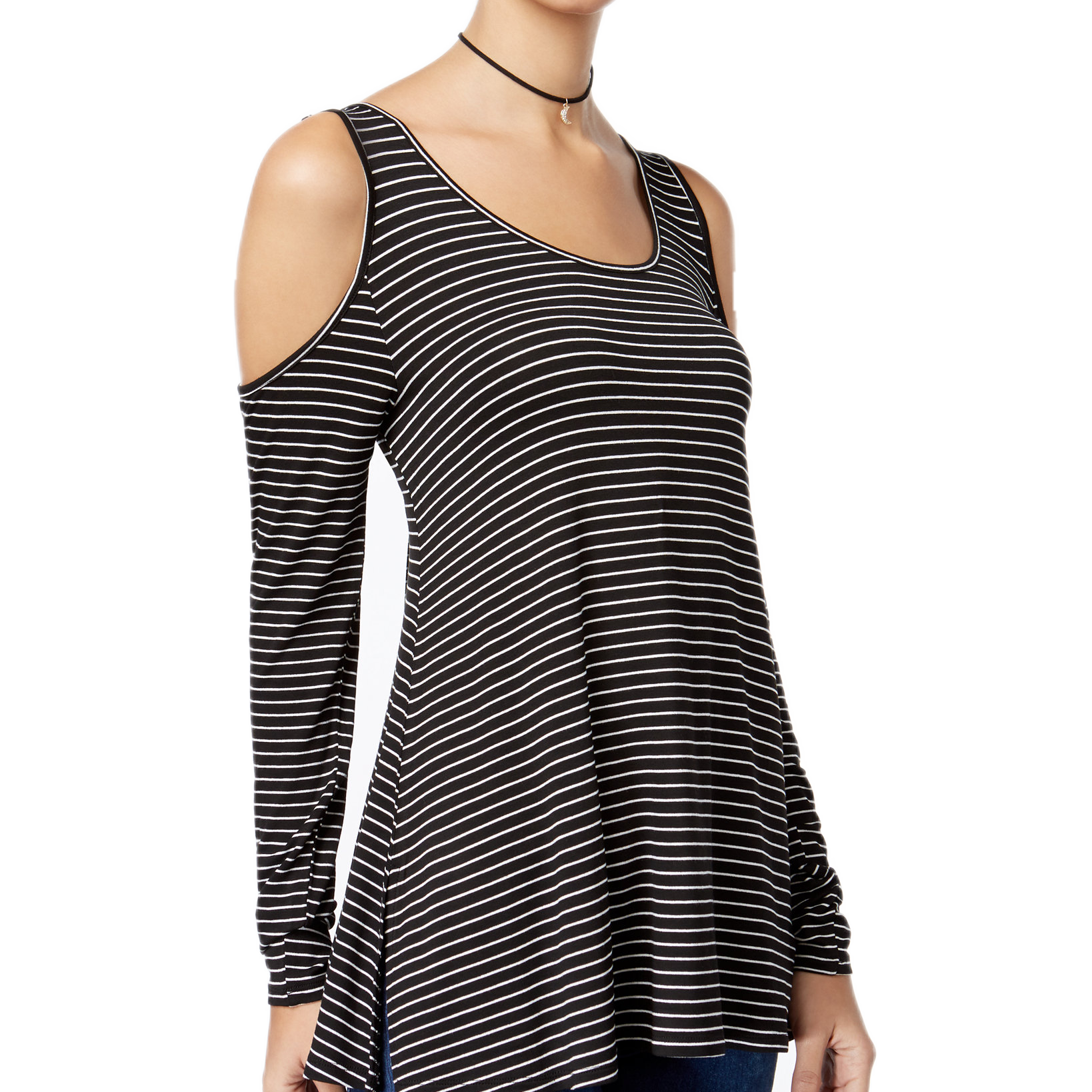Ultra Flirt Women Cold Shoulder Top Black White Stripe
