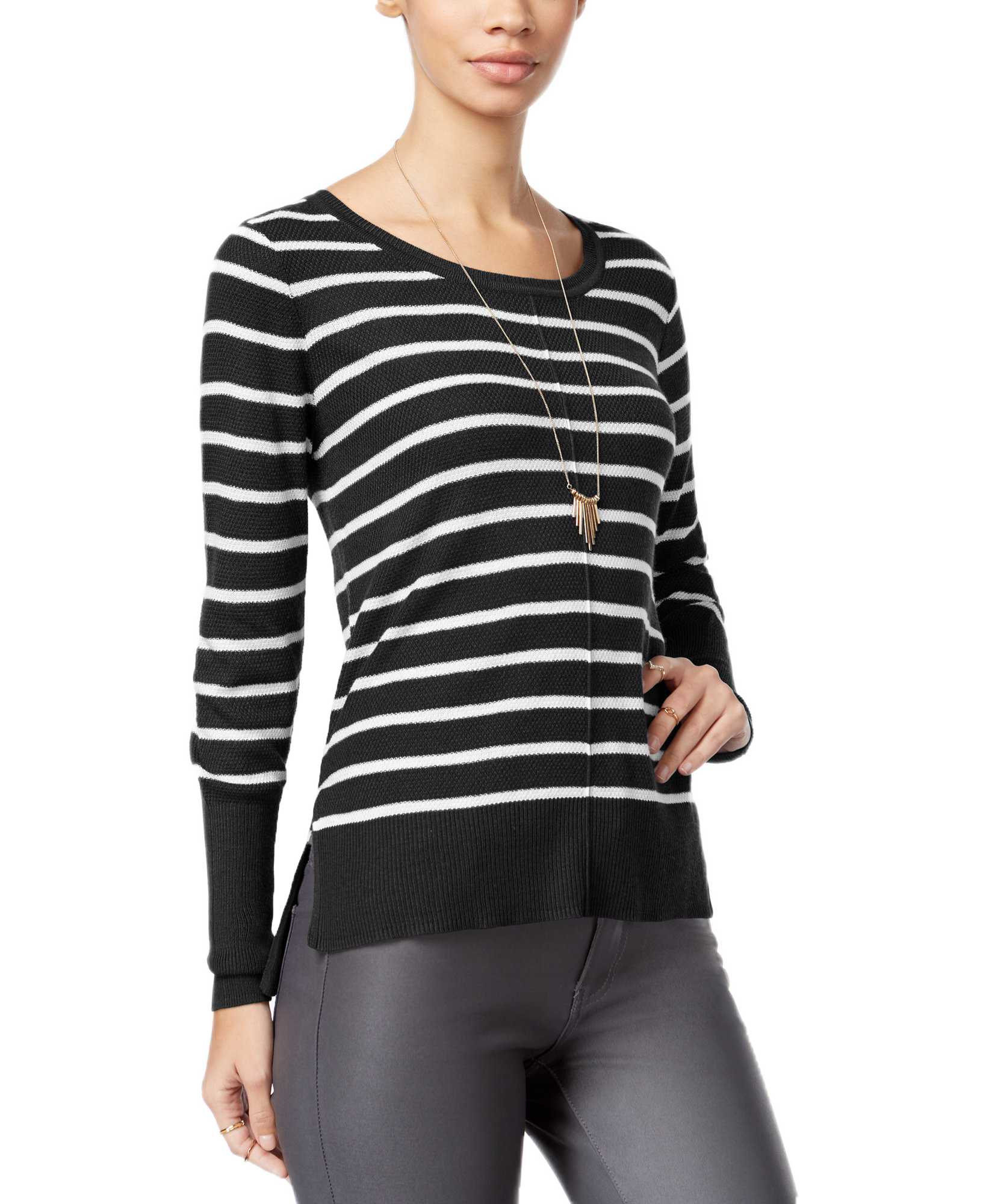 Hippie Rose Women Braided Back Striped Sweater Black Ivory