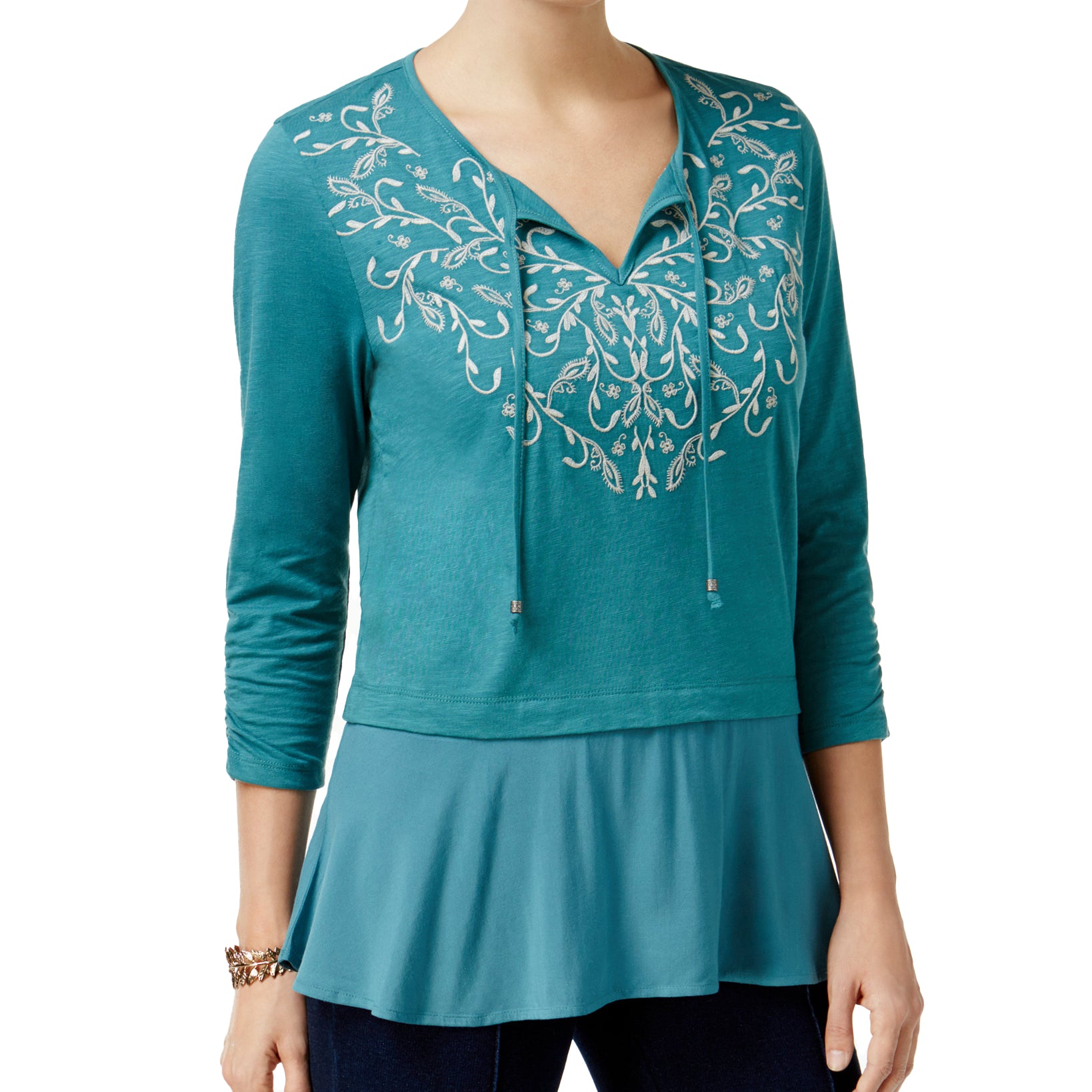 Style & Co Women Flounce Hem Peasant Top Delilah Green