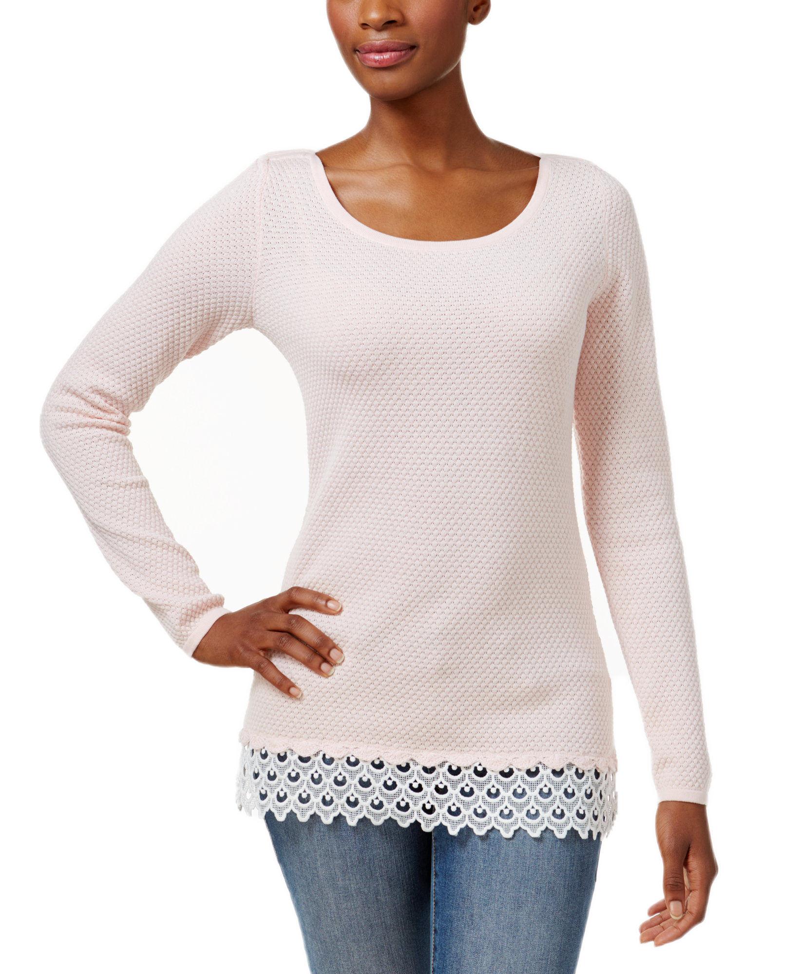 Charter Club Women Patterned Lace Hem Sweater Misty Pink