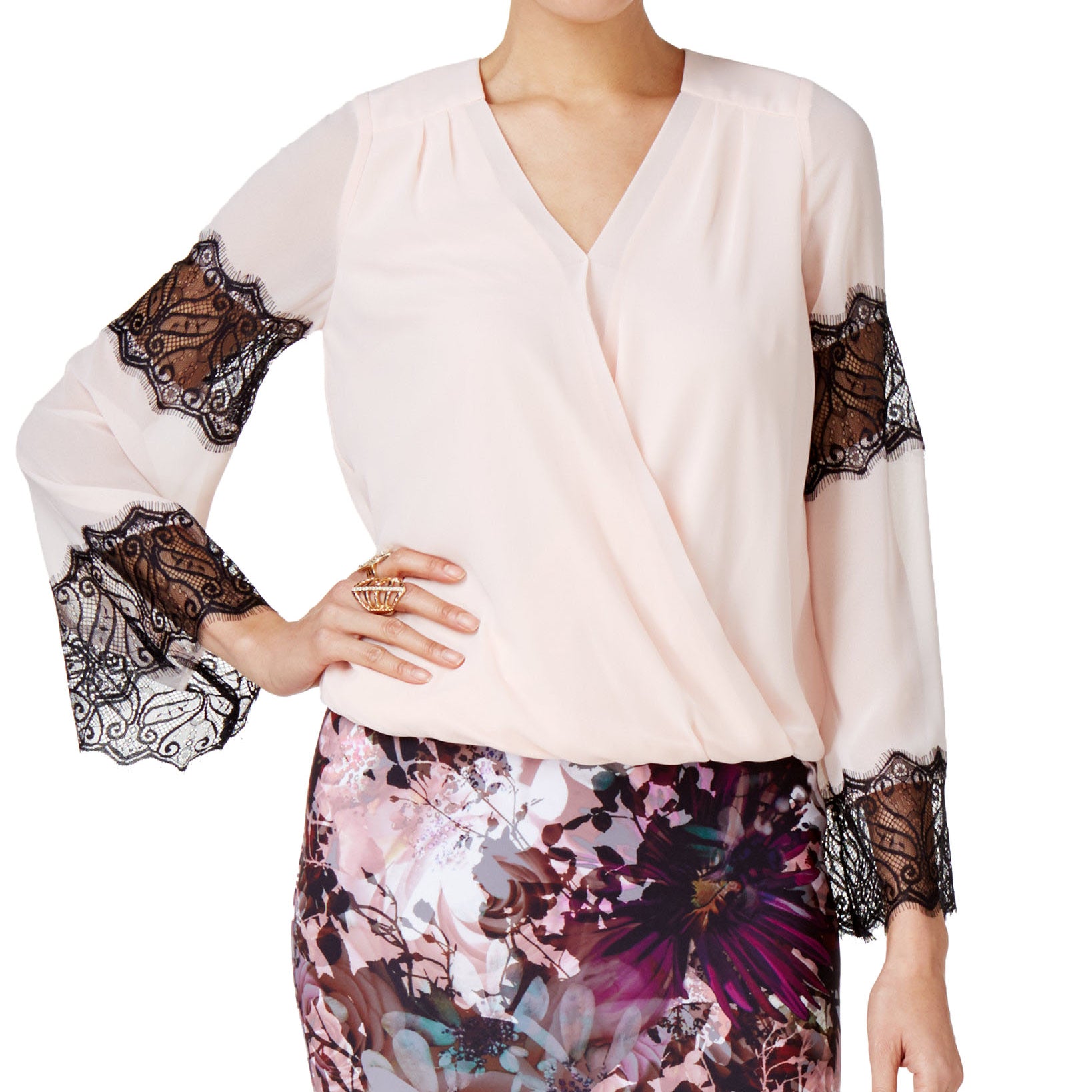 Thalia Sodi Women Lace Trim Blouson Top Pearl Blush