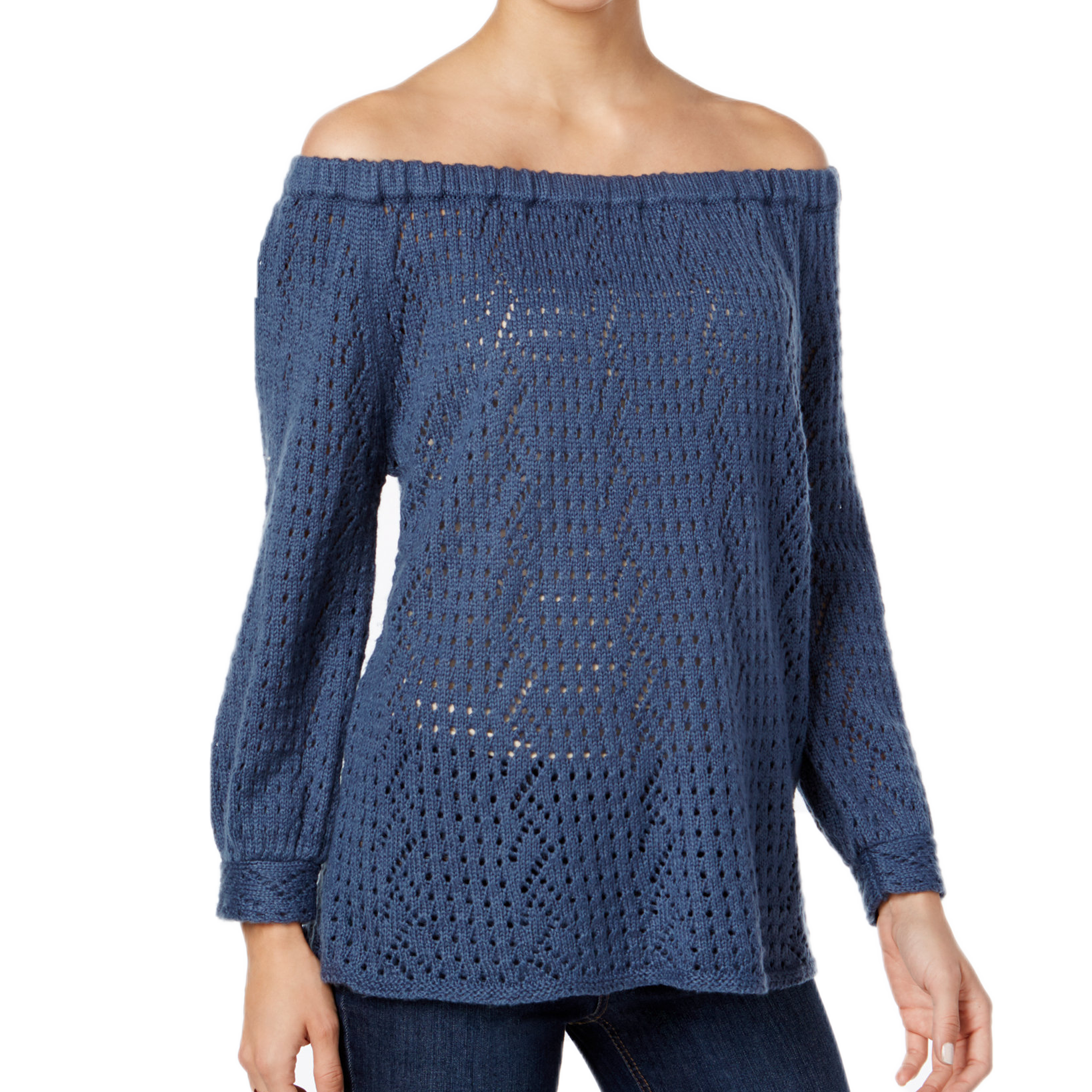 Style & Co Women Off The Shoulder Open Knit Sweater New Uniform Blue