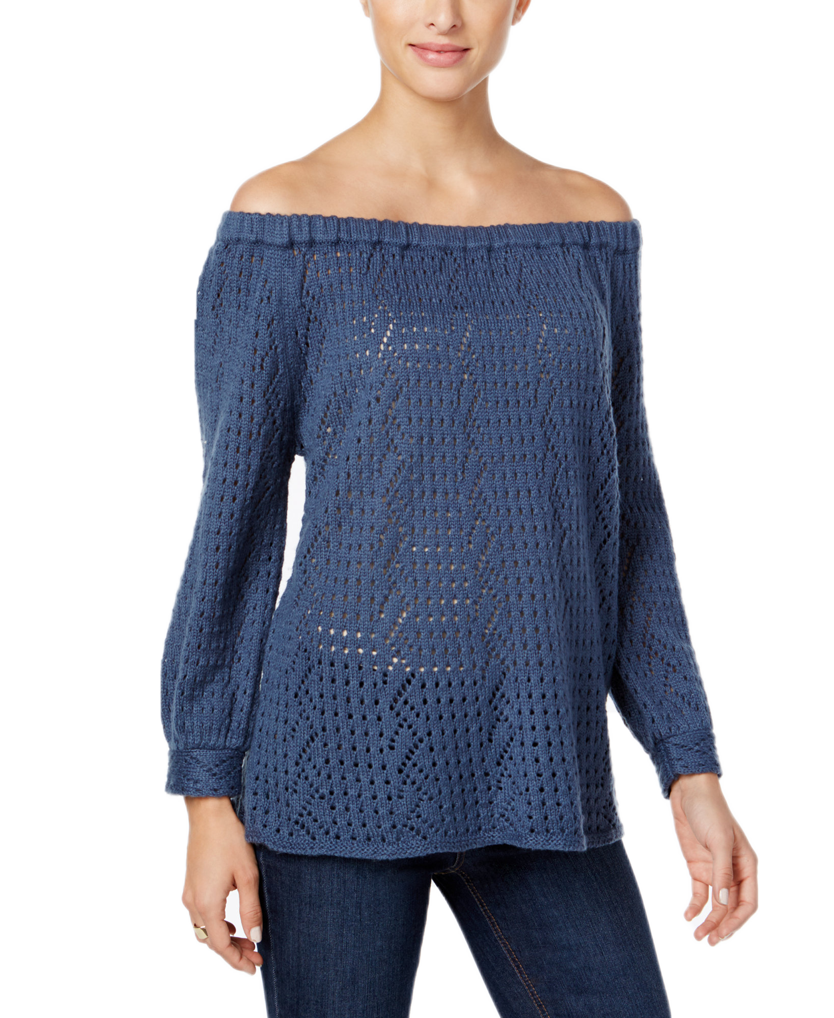 Style & Co Women Off The Shoulder Open Knit Sweater New Uniform Blue