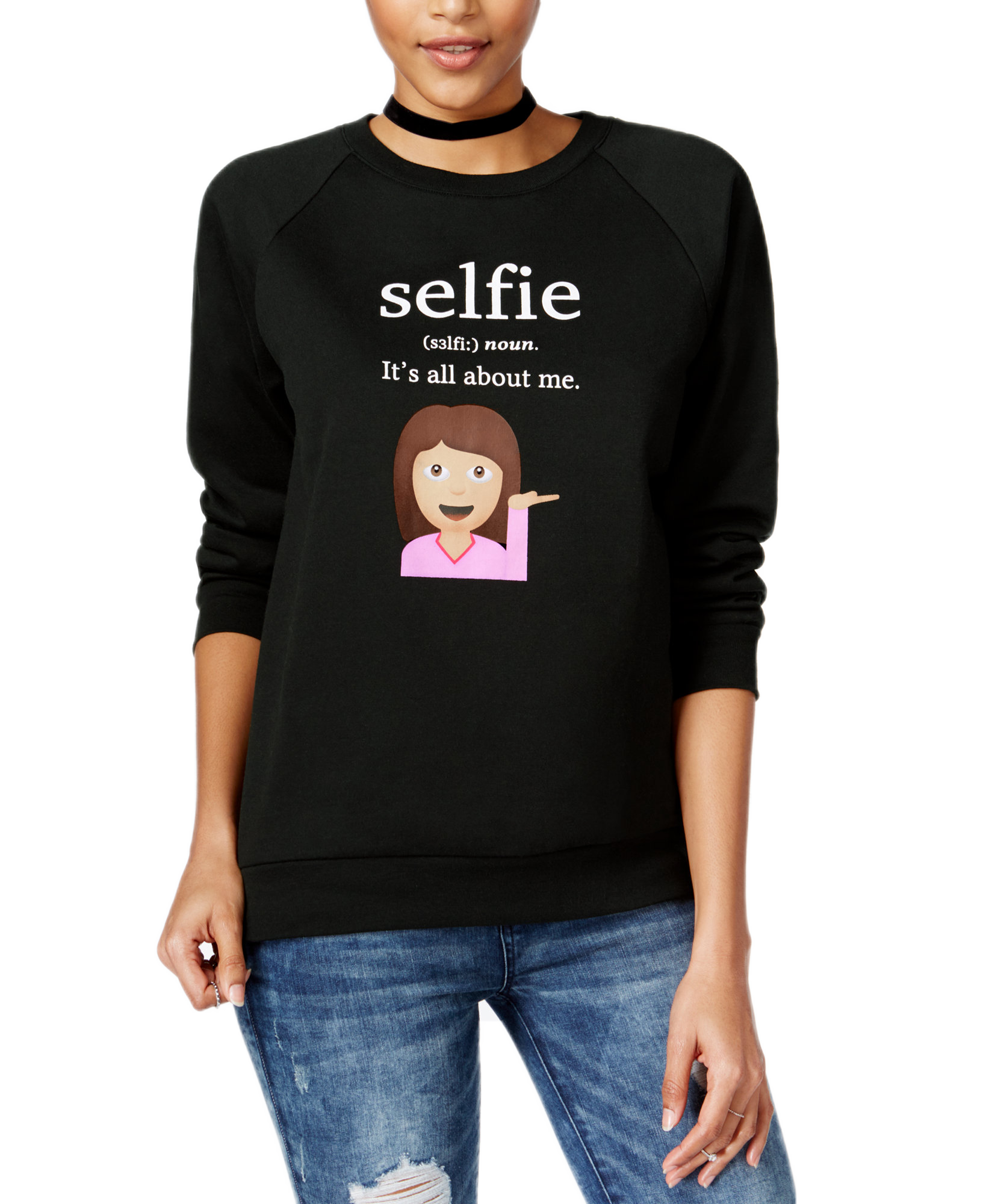 Freeze 24 7 Juniors Selfie Emoji Graphic Sweatshirt True Black