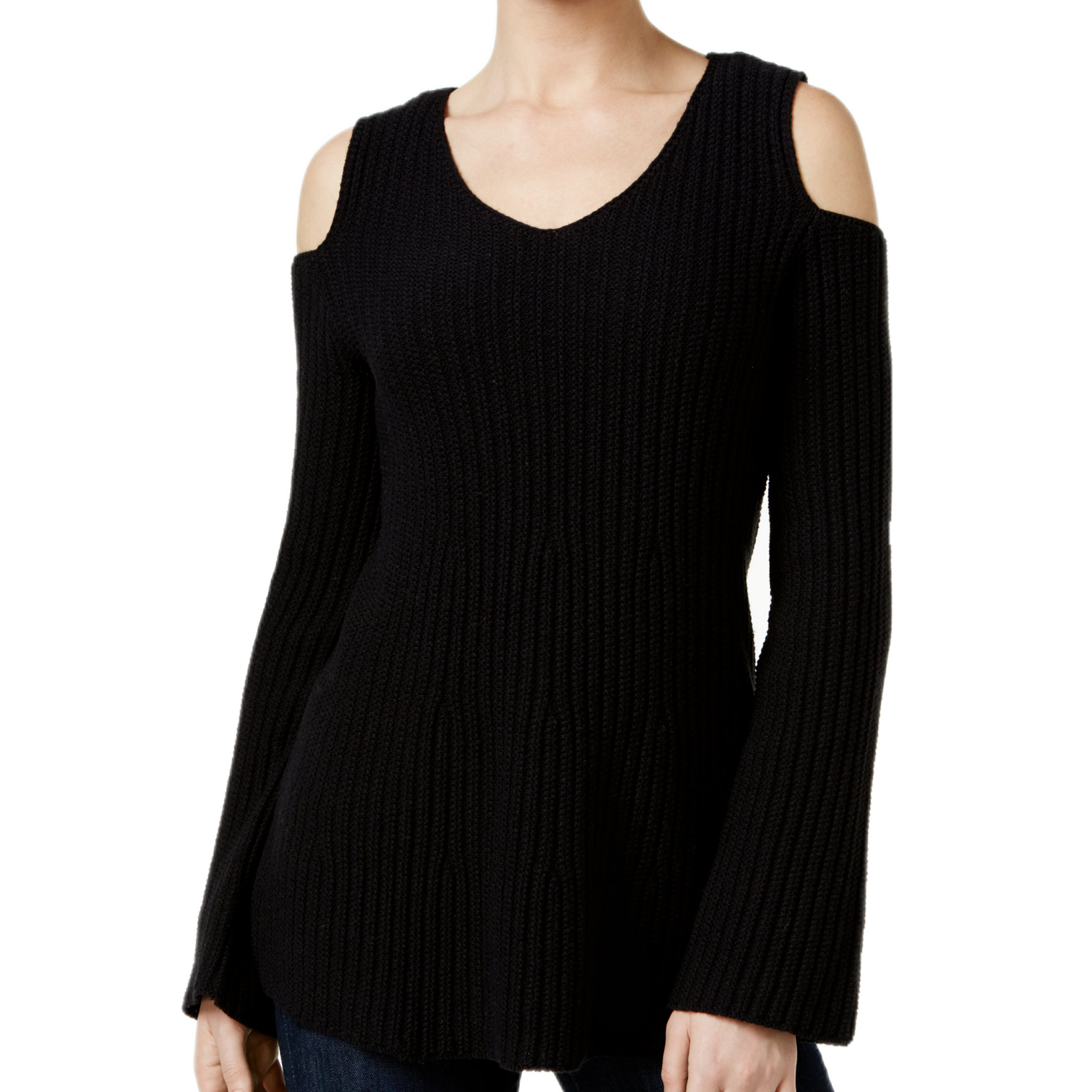 Style & Co Women Off The Shoulder Bell Sleeve Sweater Deep Black