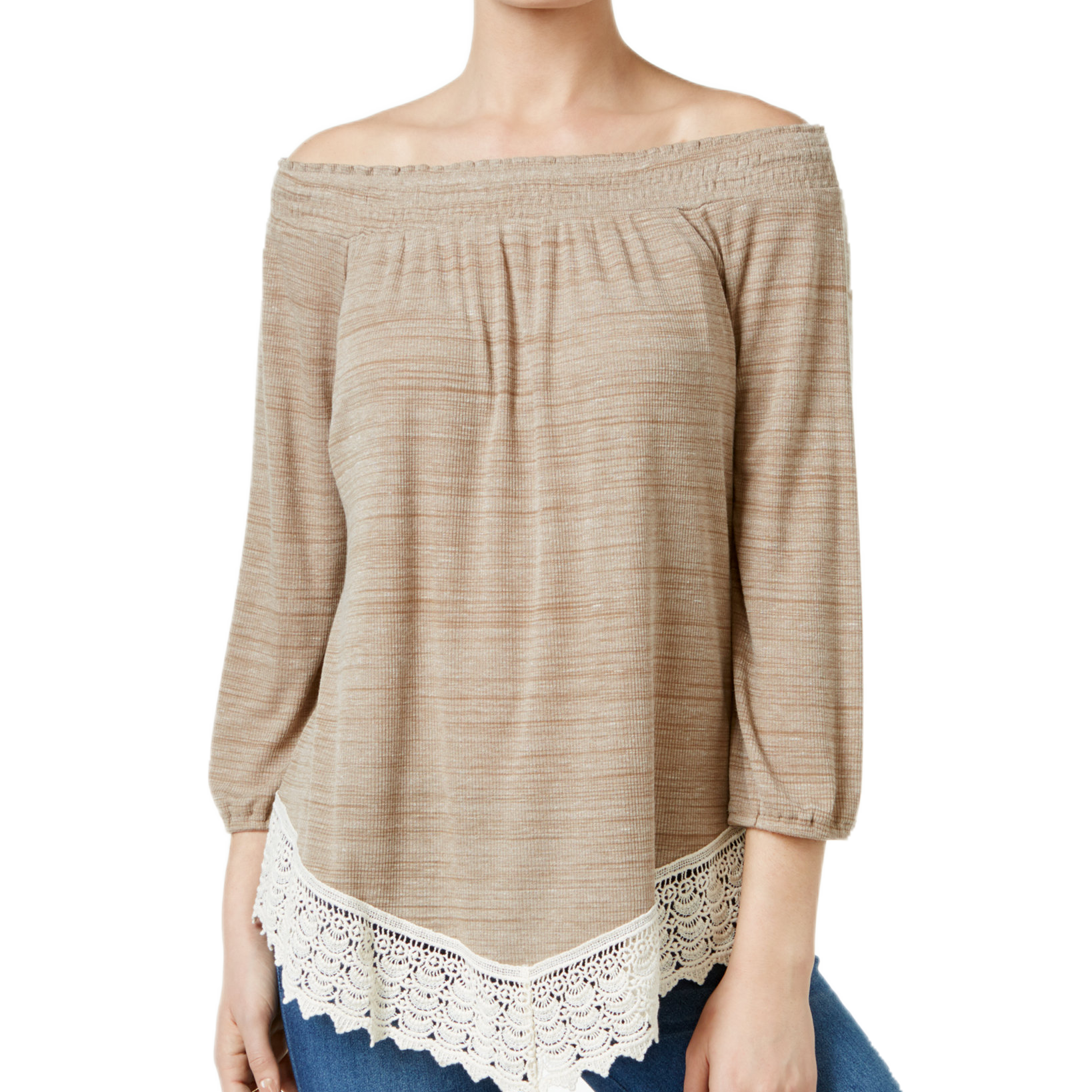 Style & Co Women Crochet Hem Bishop Sleeve Top Neutral Combo