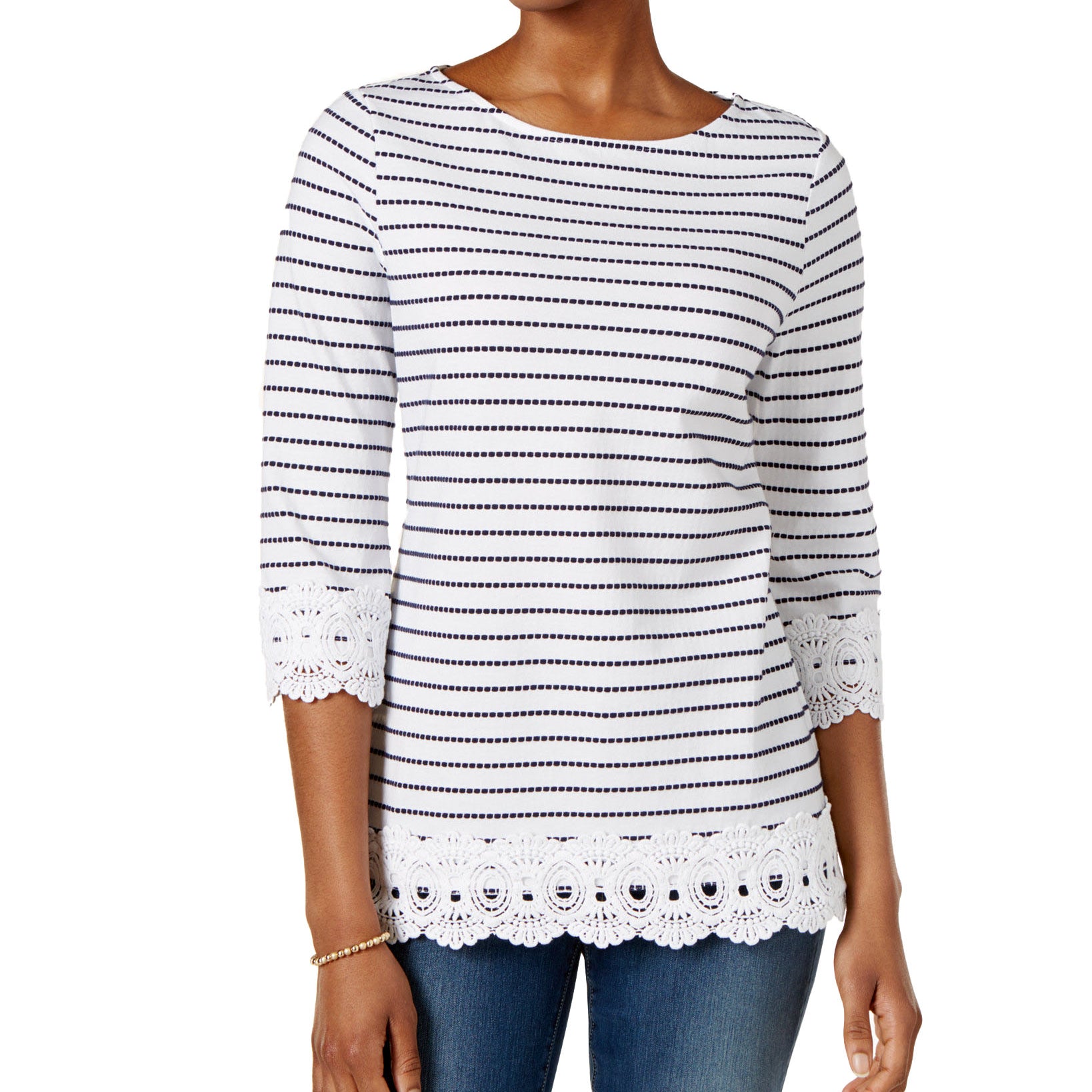 Charter Club Women Cotton Striped Crochet Trim Tunic Bright White Combo