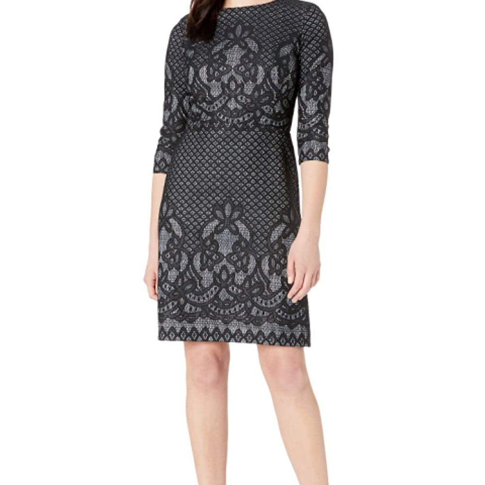 Gabby Skye Women Bonded Lace Pattern Dress Black Ivory
