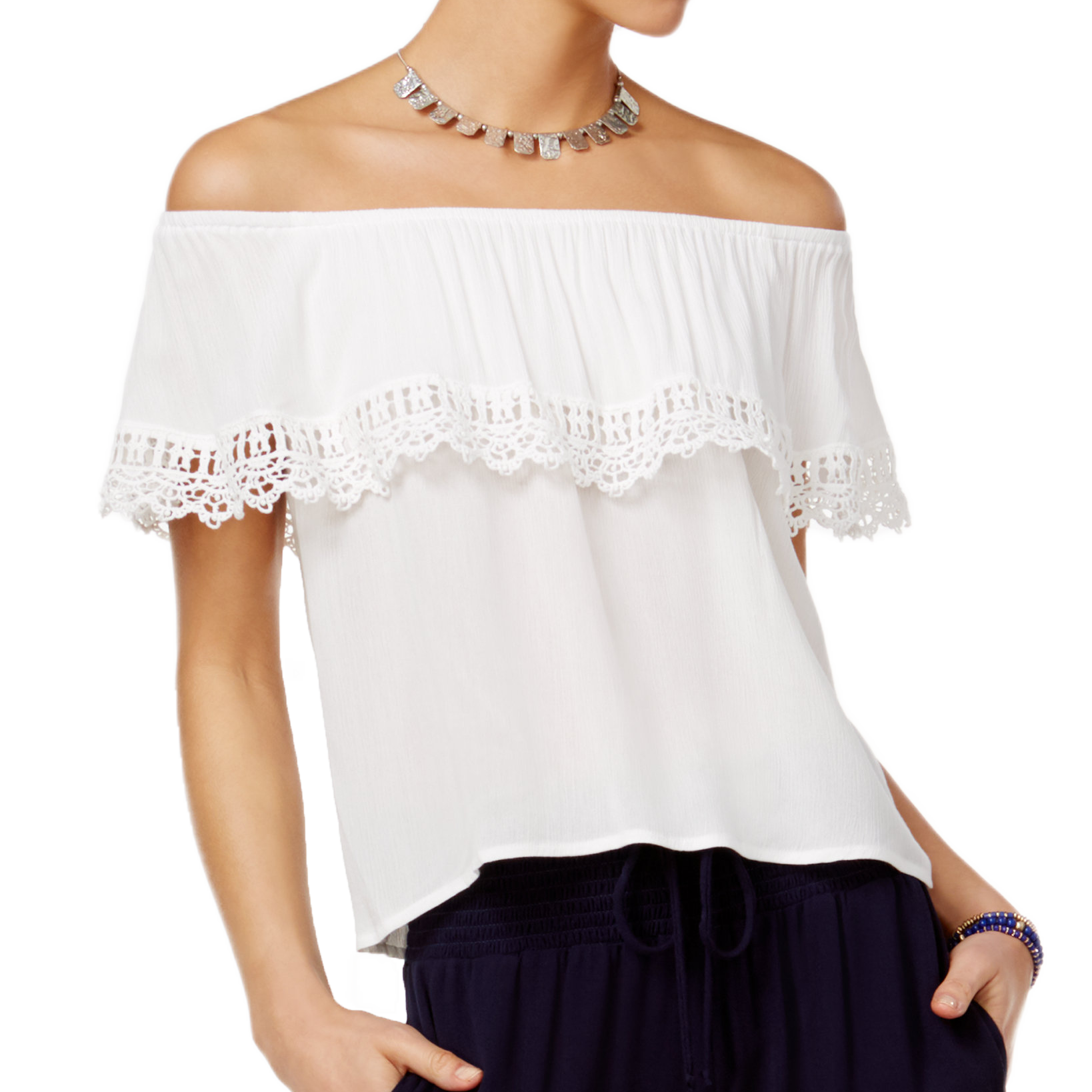 BCX Juniors Lace Trim Off The Shoulder Top White