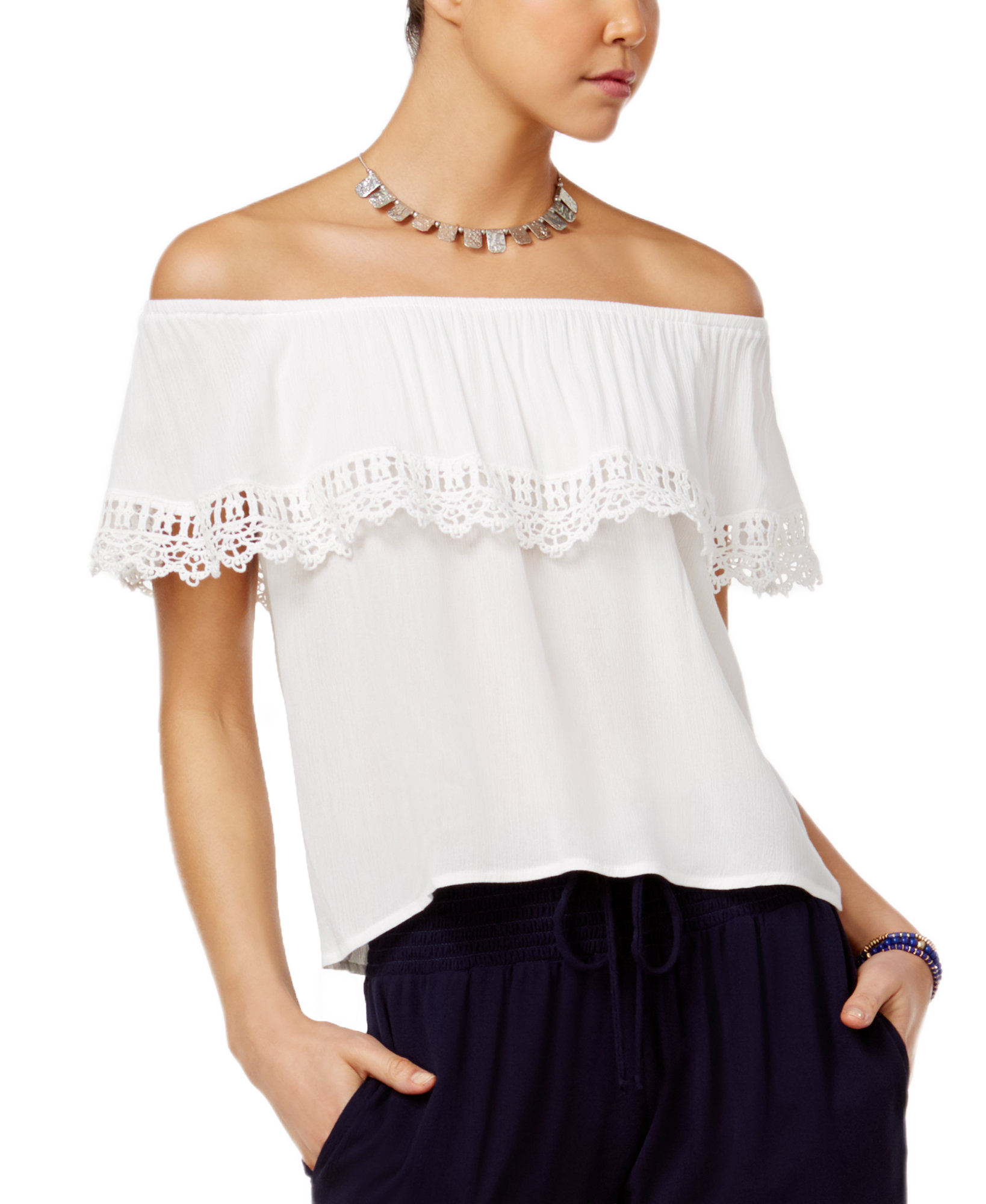 BCX Juniors Lace Trim Off The Shoulder Top White