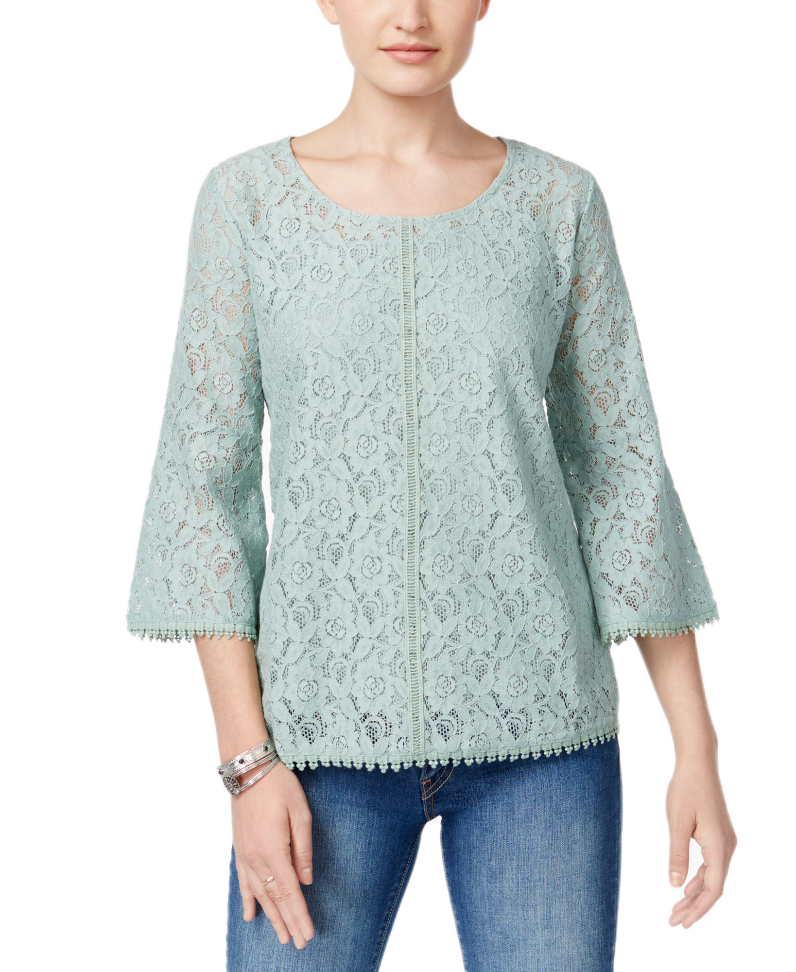 Style & Co Women Lantern Sleeve Lace Top Dusty Jade