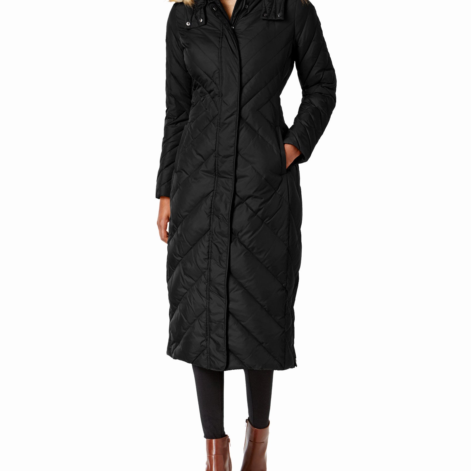 Larry Levine Women Faux Fur Trim Maxi Puffer Coat Black