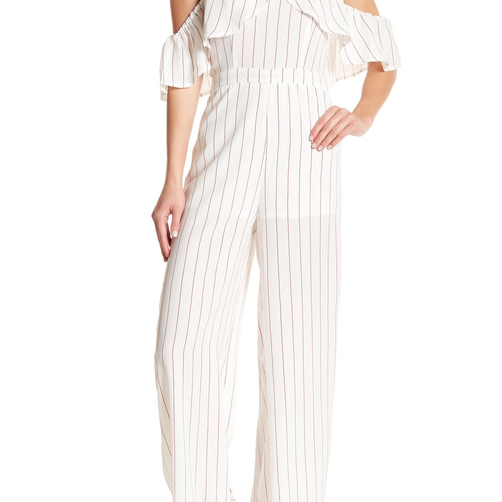 Jealous Tomato Women Stripe Sheer Layer Halter Jumpsuit White Red