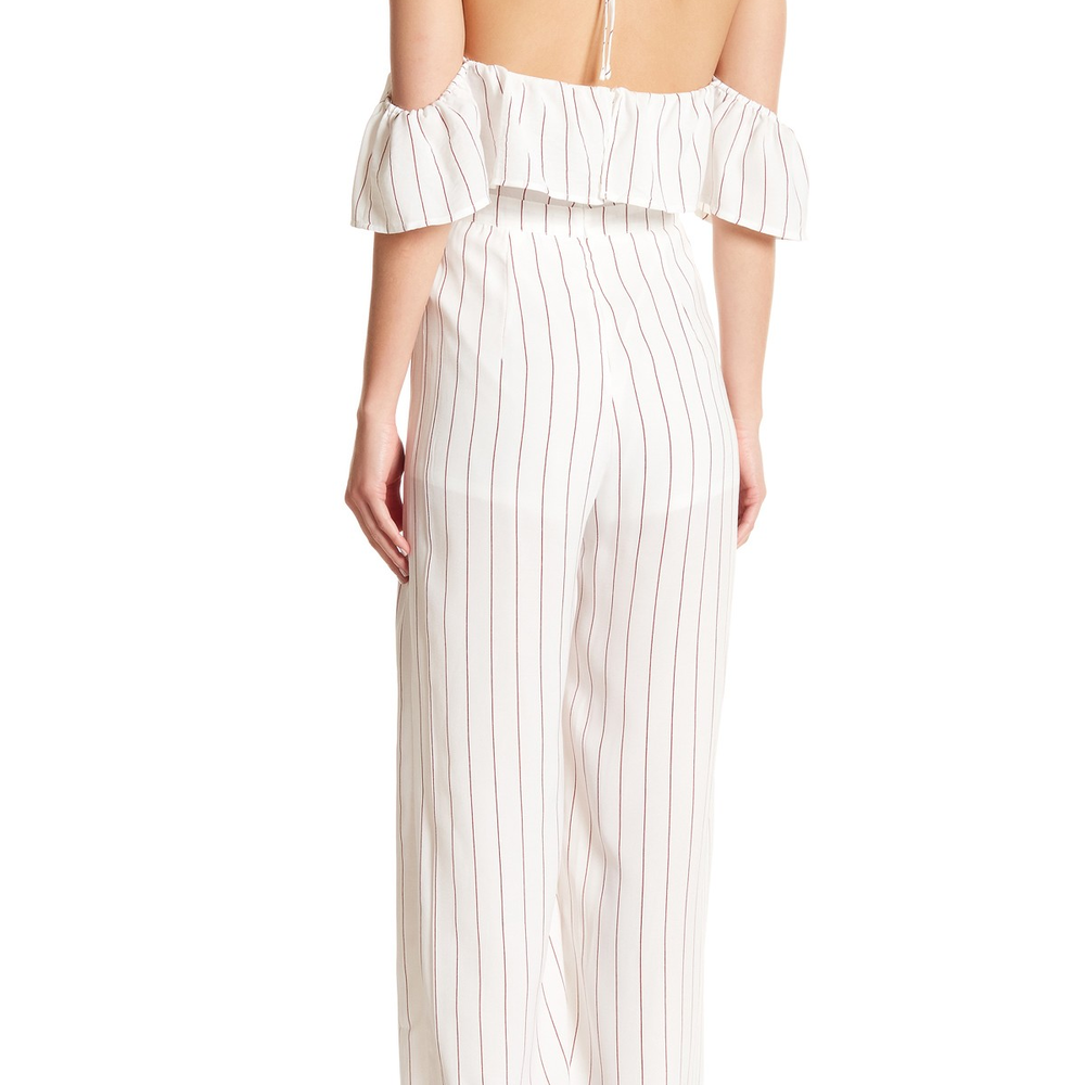 Jealous Tomato Women Stripe Sheer Layer Halter Jumpsuit