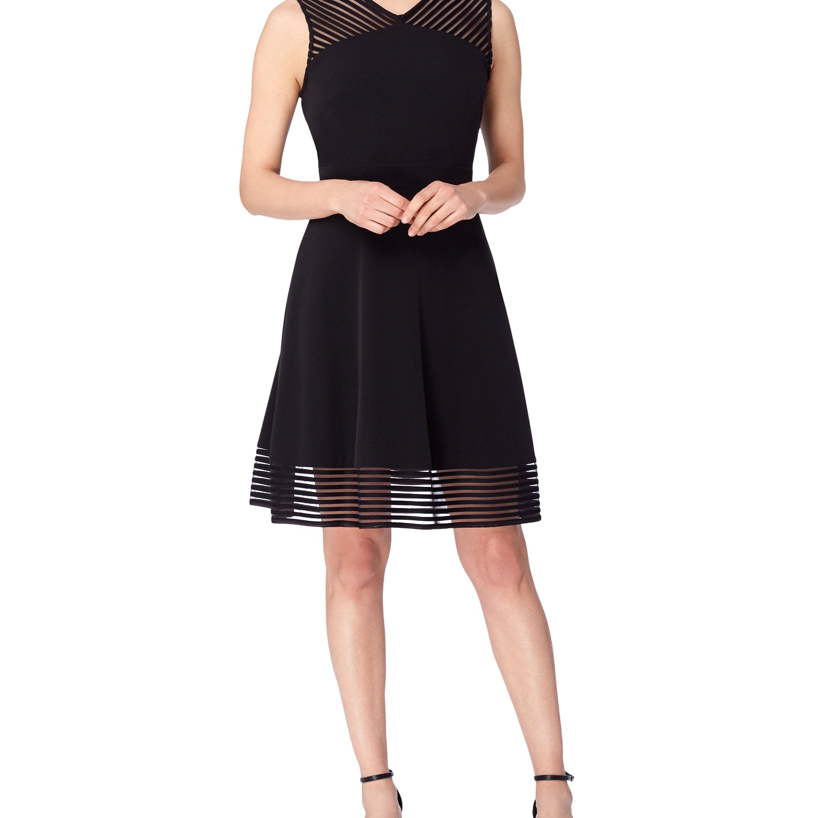 Tahari ASL Women Illusion Striped Fit & Flare Dress Black