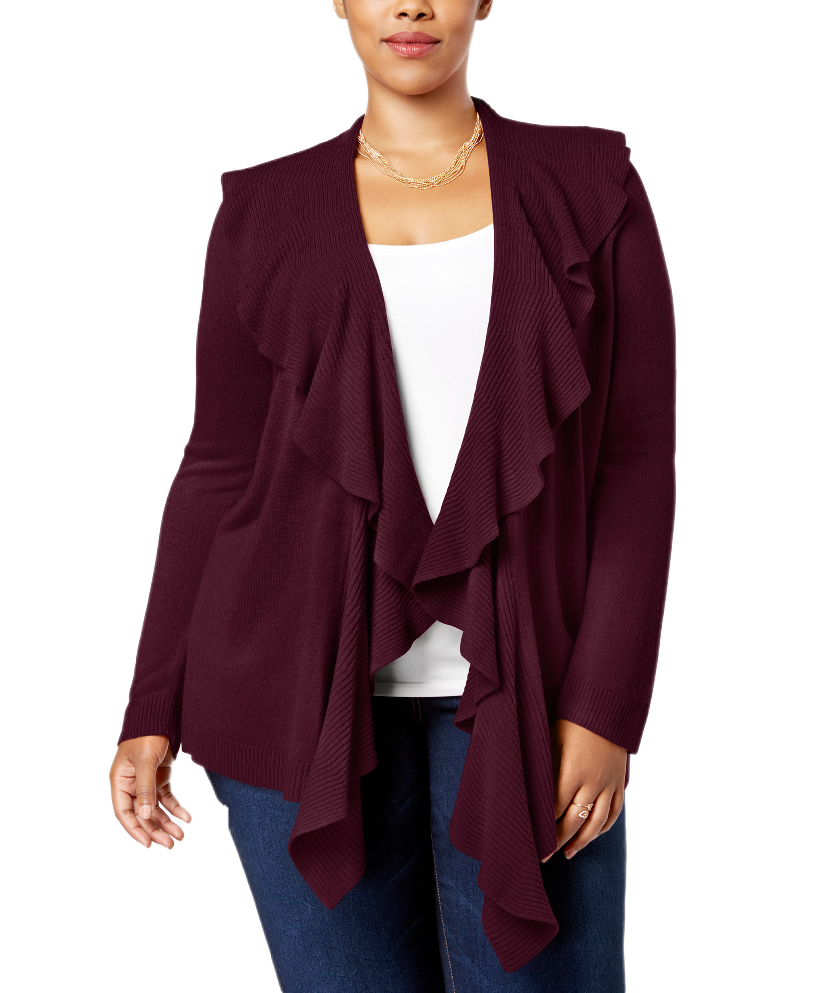 Karen Scott Women Plus Luxsoft Ruffled Cardigan Merlot