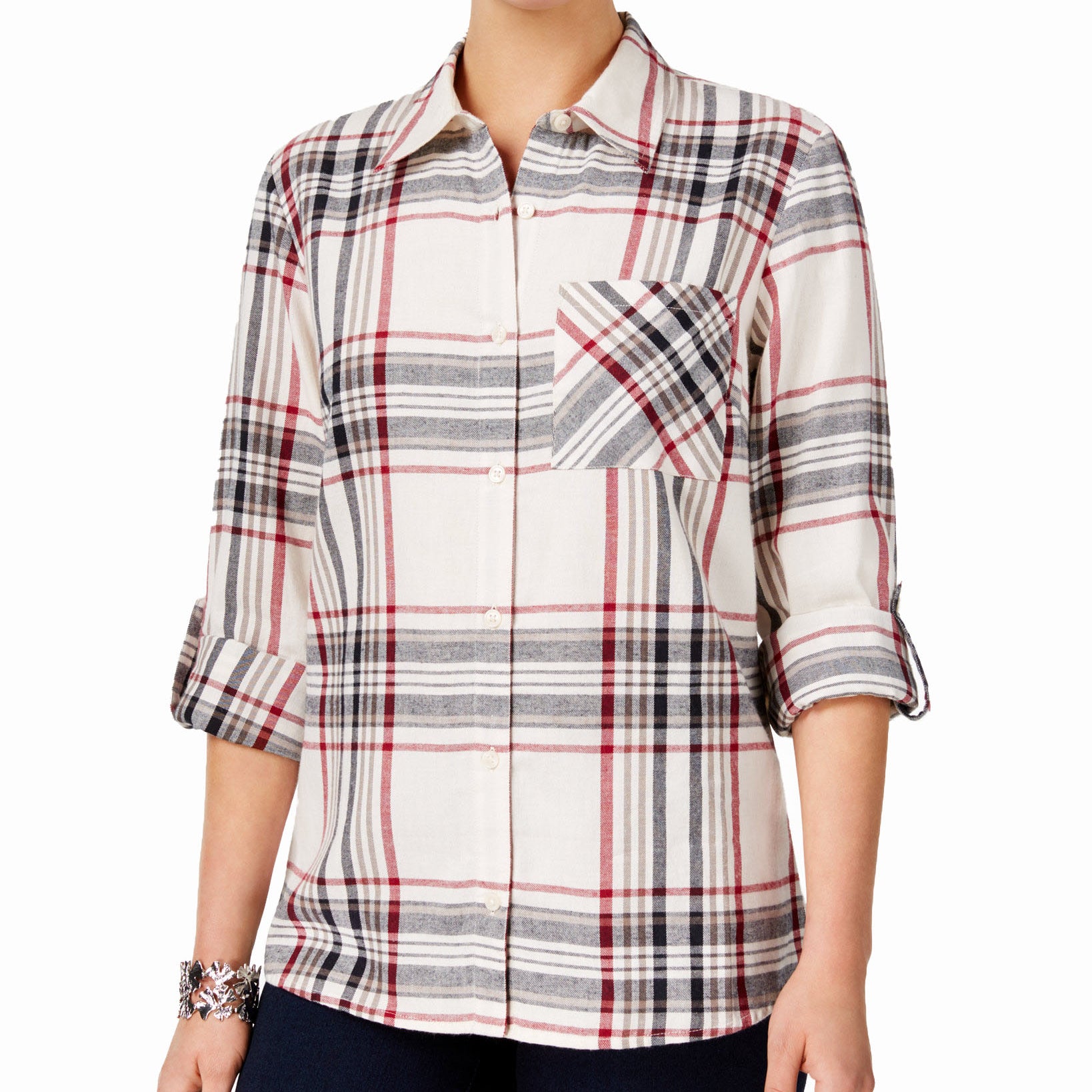Style & Co Women Petite Cotton Tab Sleeve Plaid Shirt Cabin Plaid