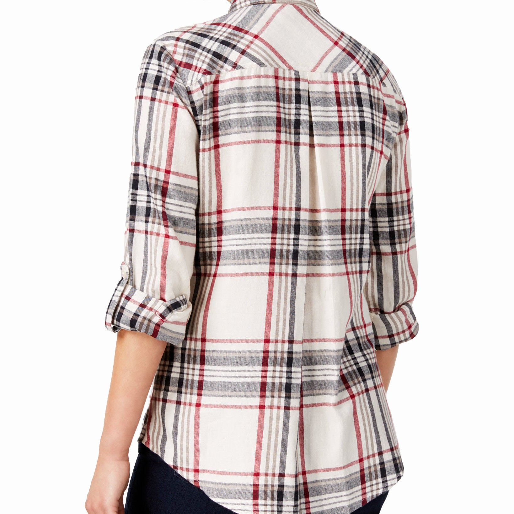 Style & Co Women Petite Cotton Tab Sleeve Plaid Shirt