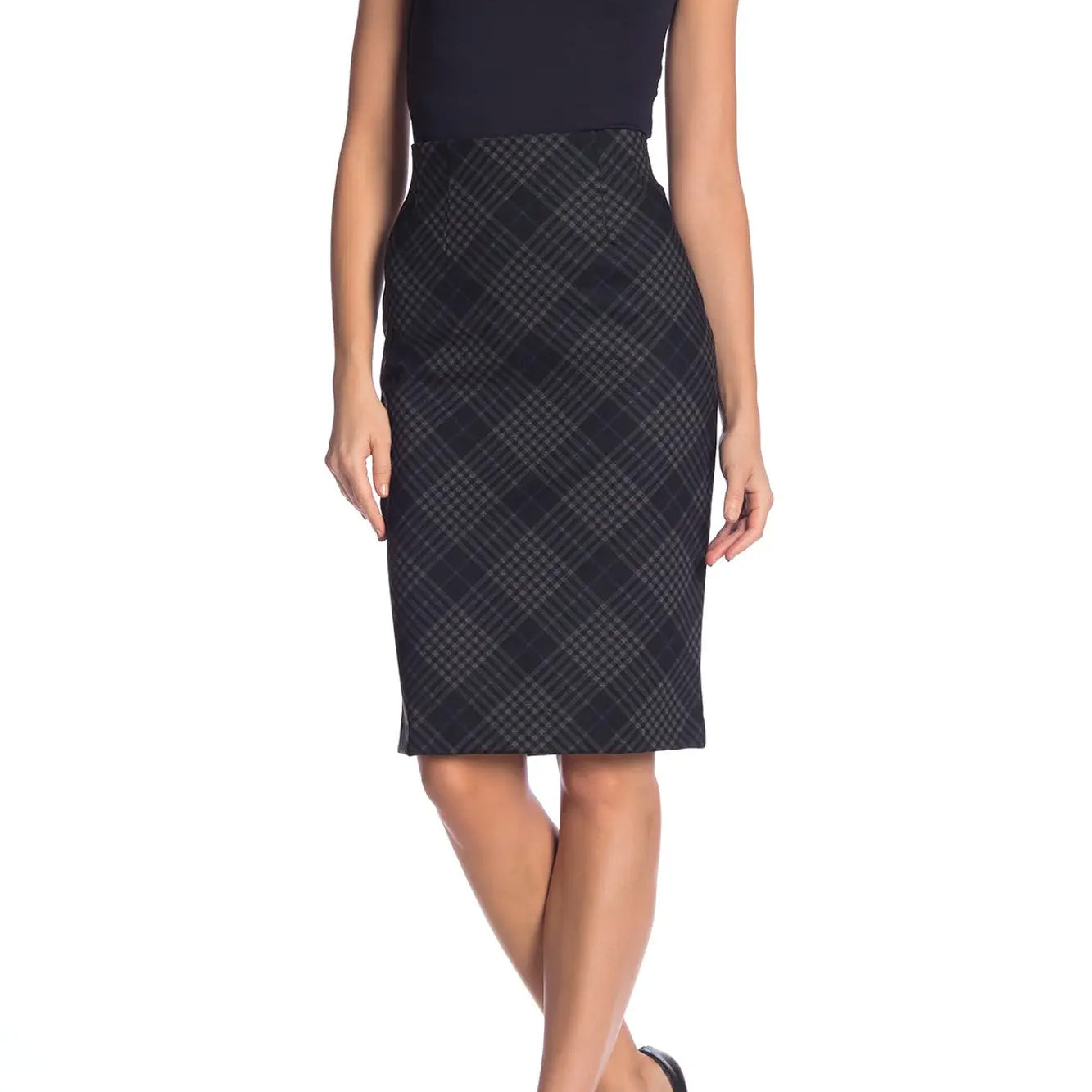 Amanda & Chelsea Women Plaid Print Ponte Skirt Charcoal Black