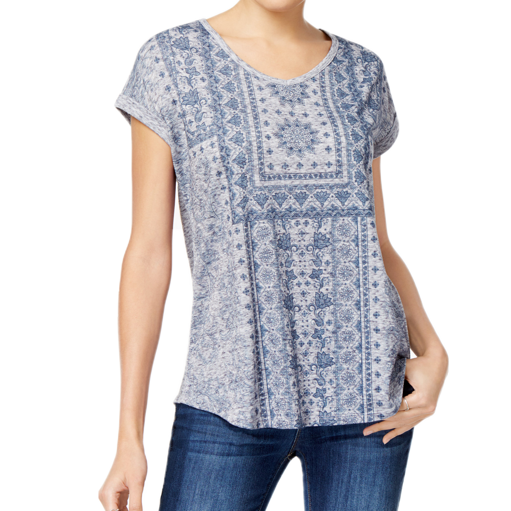 Style & Co Women Graphic Shirttail Hem Top Aztec Stripe