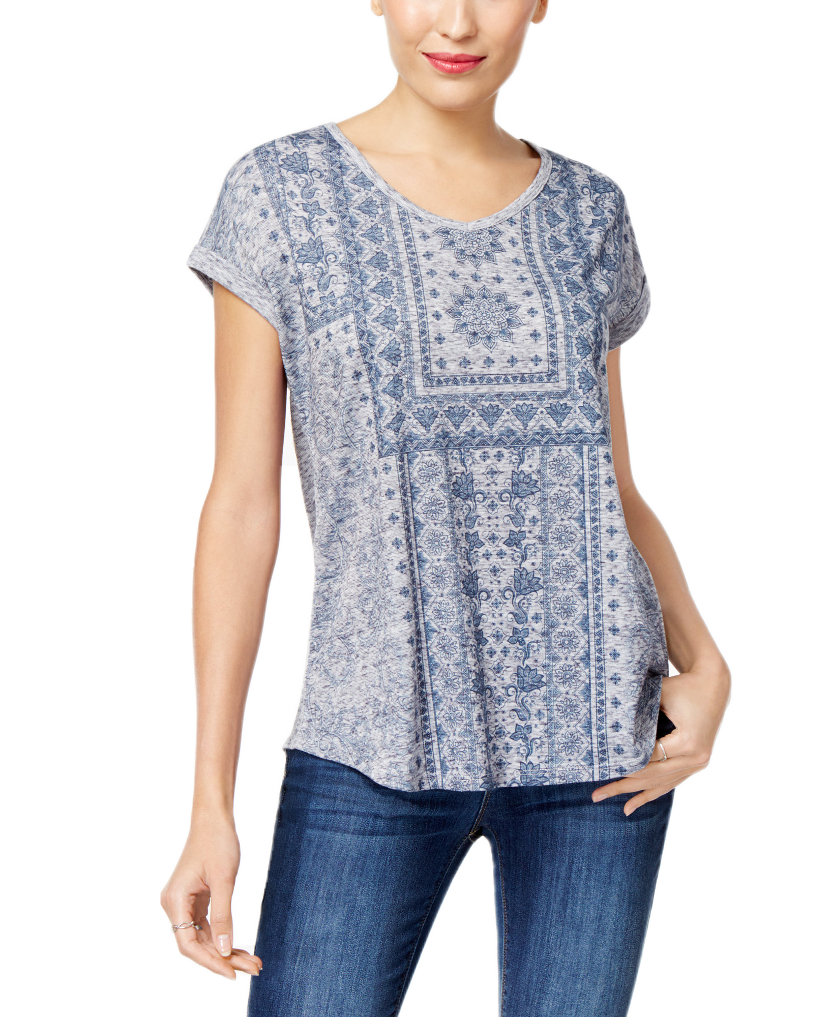 Style & Co Women Graphic Shirttail Hem Top Aztec Stripe
