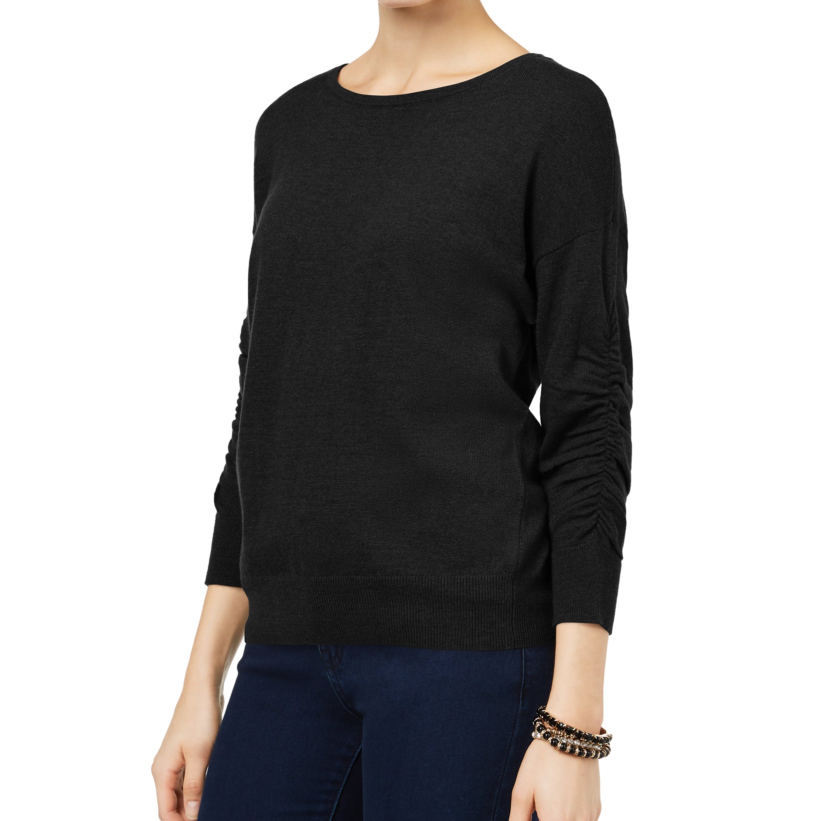 INC International Concepts Women Ruched Sleeve Sweater Deep Black