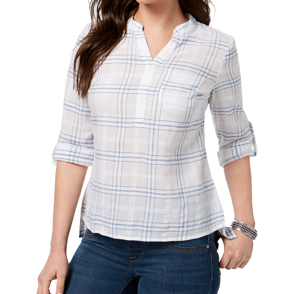 Style & Co Women Petite Cotton Textured Roll Tab Top Deck Plaid White