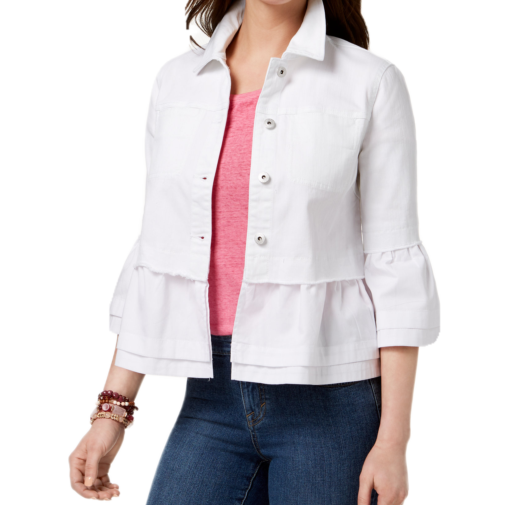 Style & Co Women Ruffled Denim Jacket Bright White