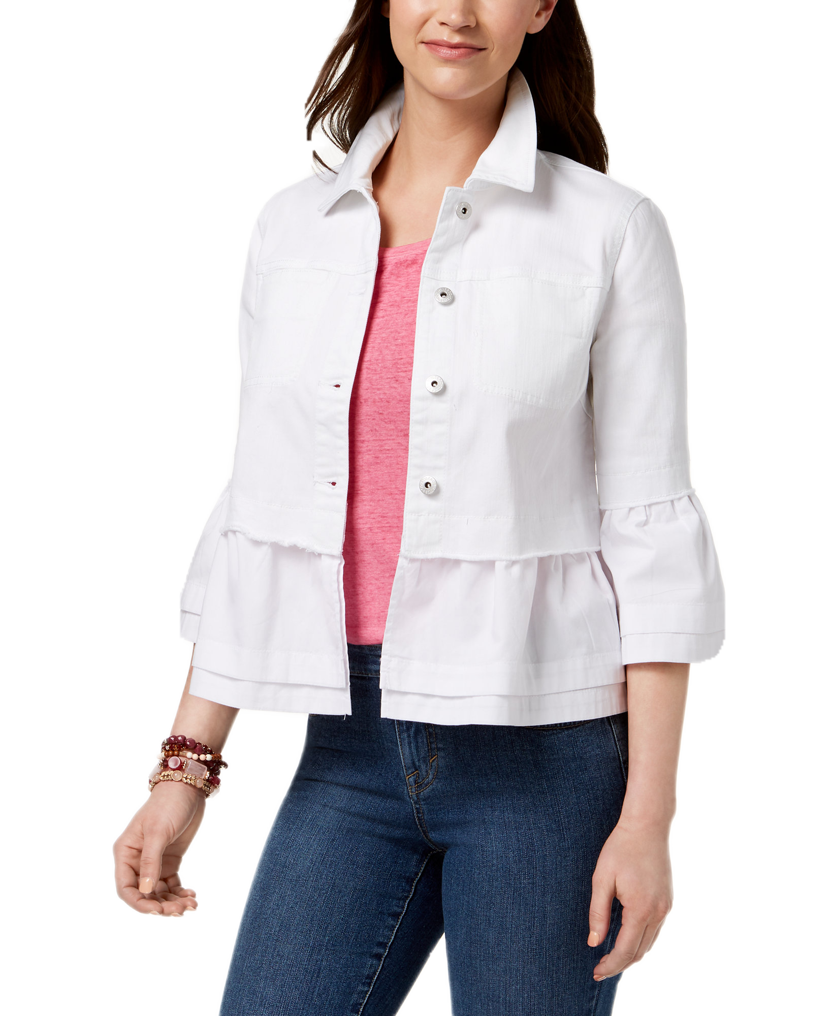Style & Co Women Ruffled Denim Jacket Bright White