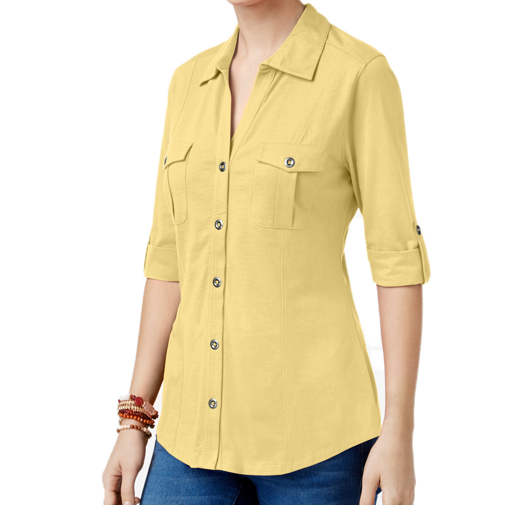 Style & Co Women Utility Shirt Yellow Breeze