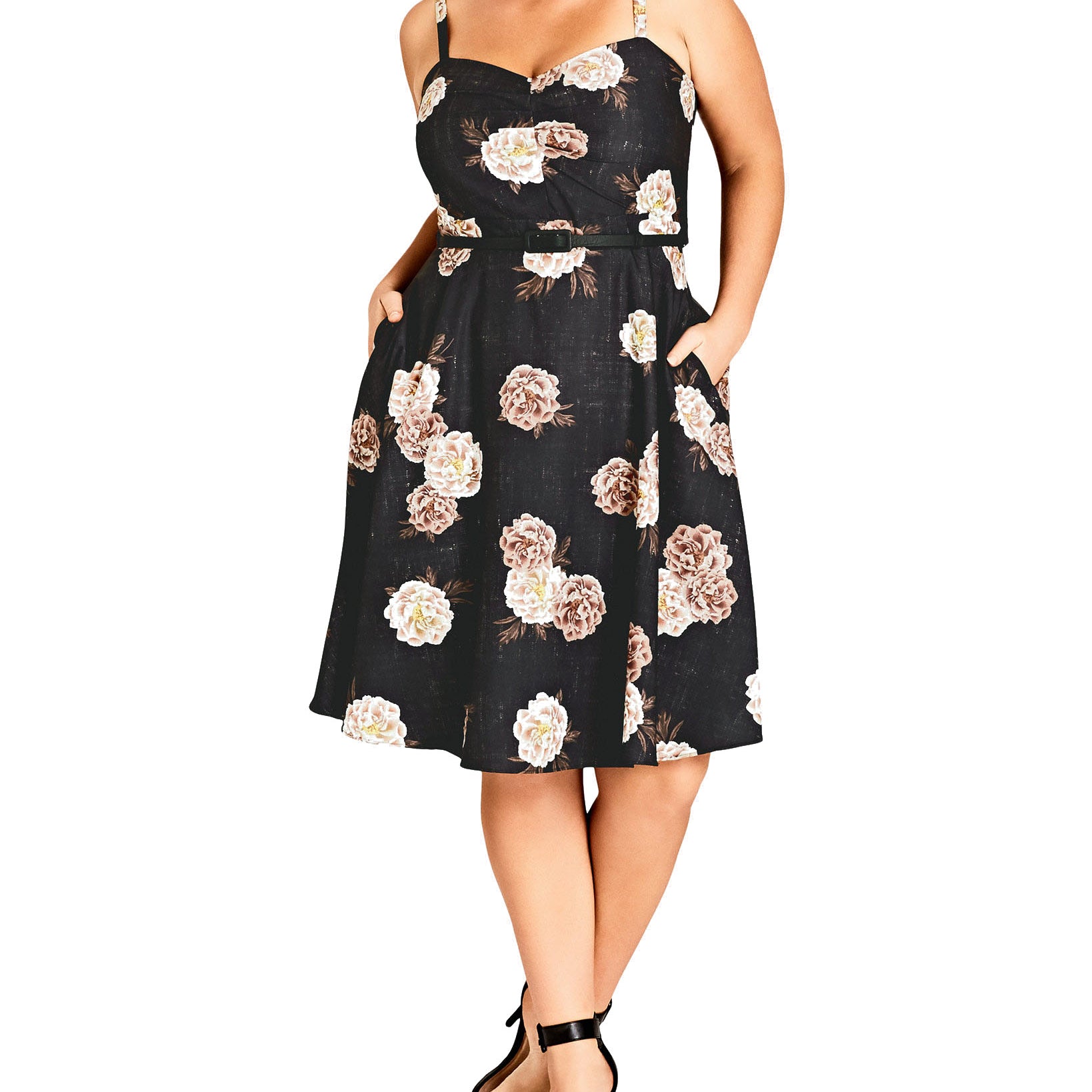 City Chic Women Trendy Belted Fit & Flare Dress Antique Rose