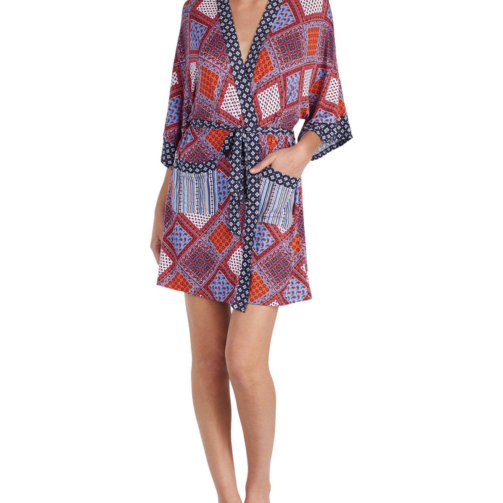Layla Women Printed Short Robe With Headband Multi Red