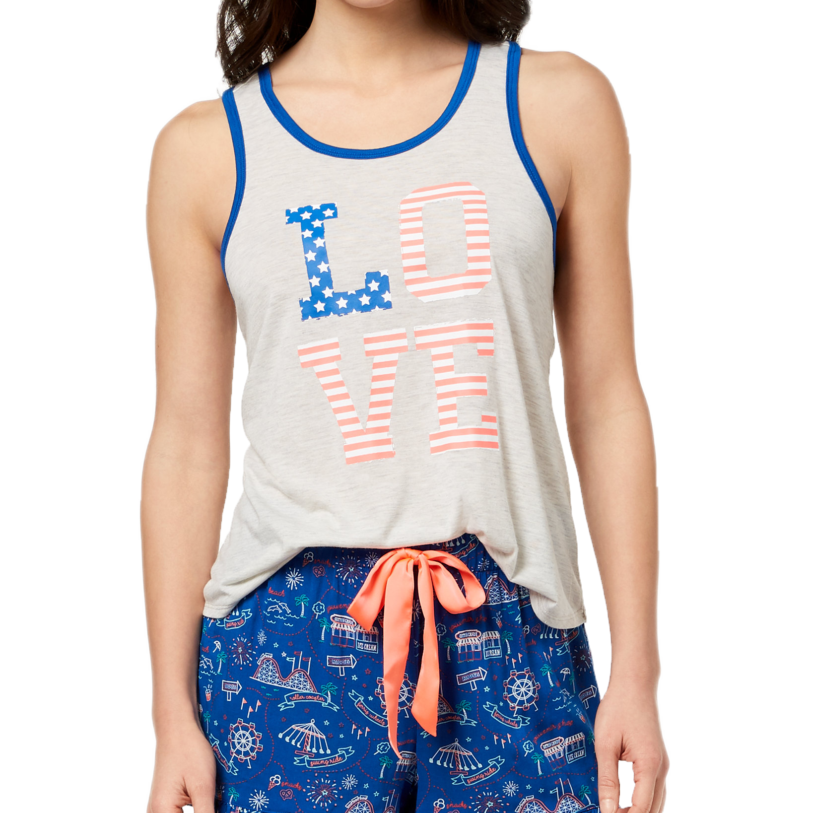 Jenni by Jennifer Moore Women Graphic Print Contrast Trim Pajama Tank Whispy Gray