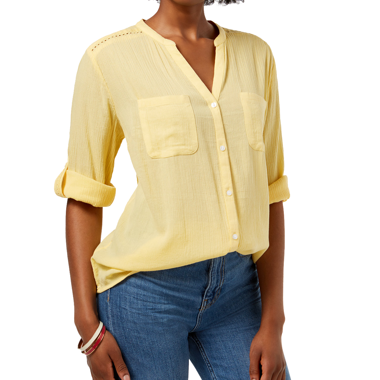 Charter Club Women Petite Split Neck Utility Shirt Lemon Spritz