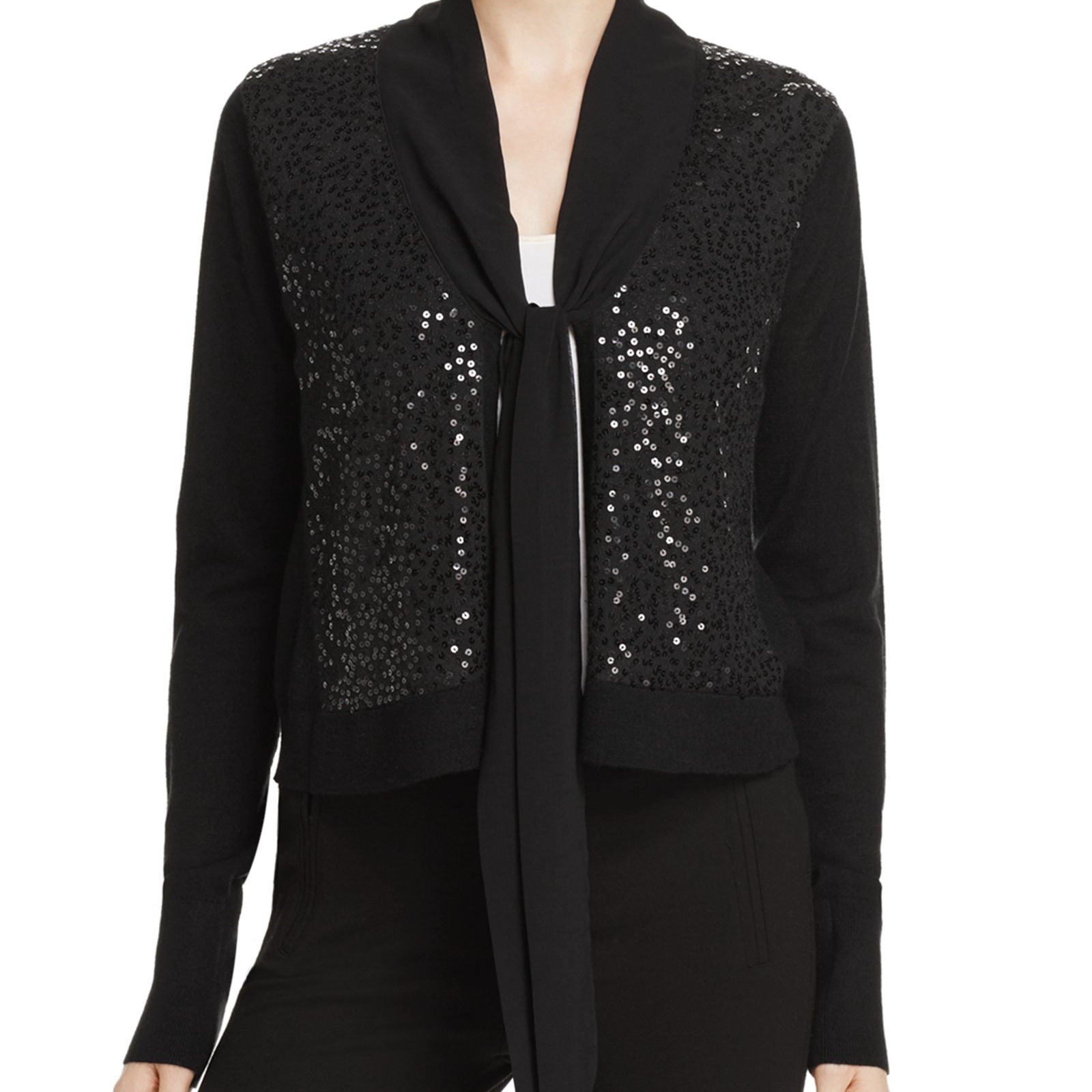 Donna Karan New York Women Tie Collar Sequin Cardigan Black
