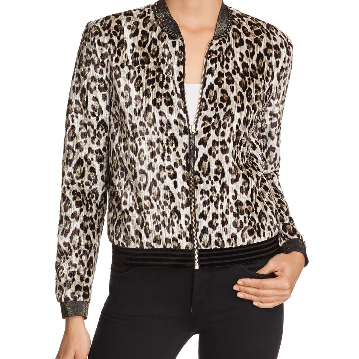 T Tahari Women Fatima Leopard Print Bomber Jacket Cork