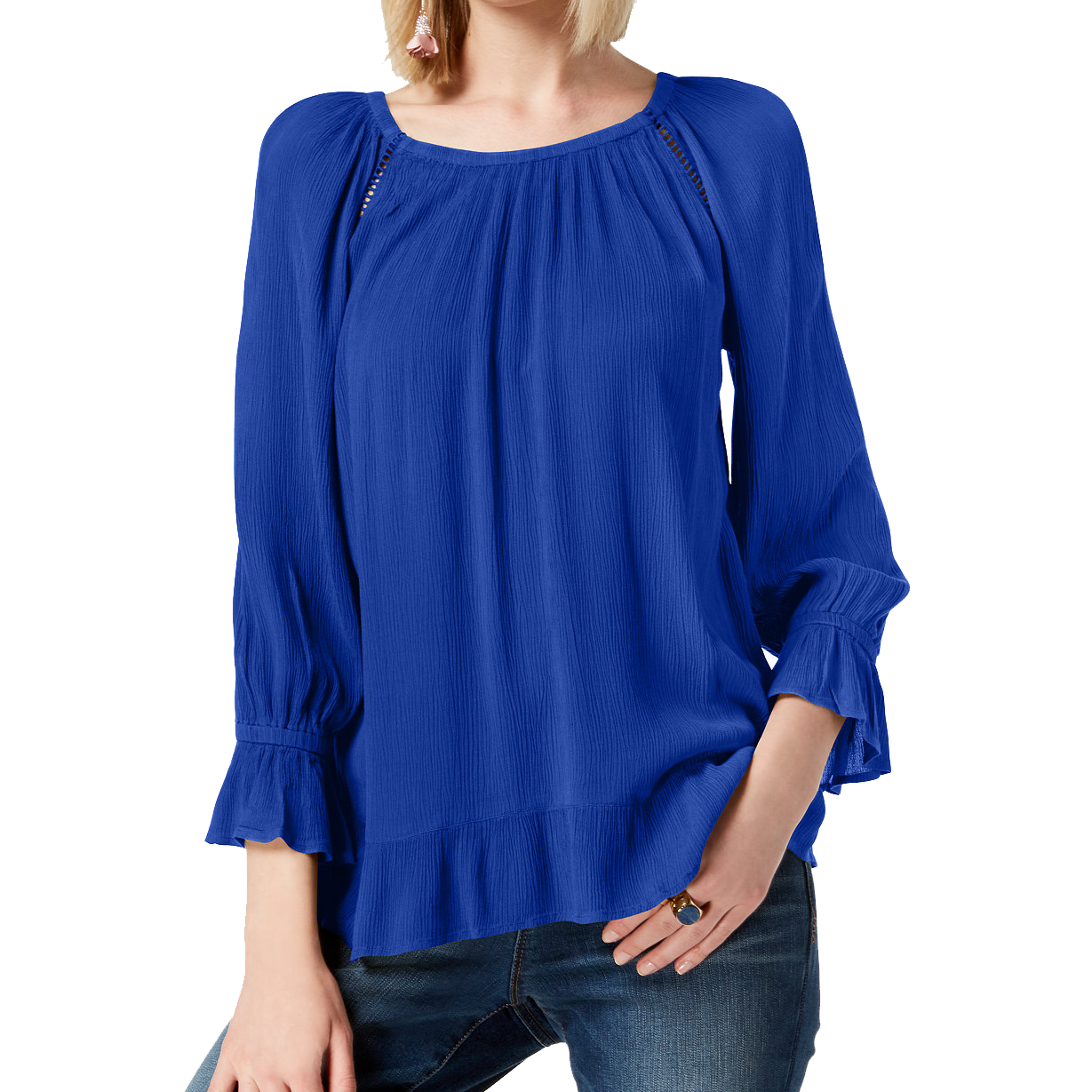 INC International Concepts Women Crepe Peasant Top Goddess Blue
