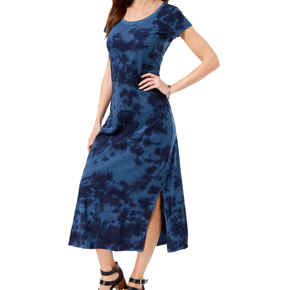 Style & Co Women Printed Scoop Neck Maxi Dress Blue Tye Dye