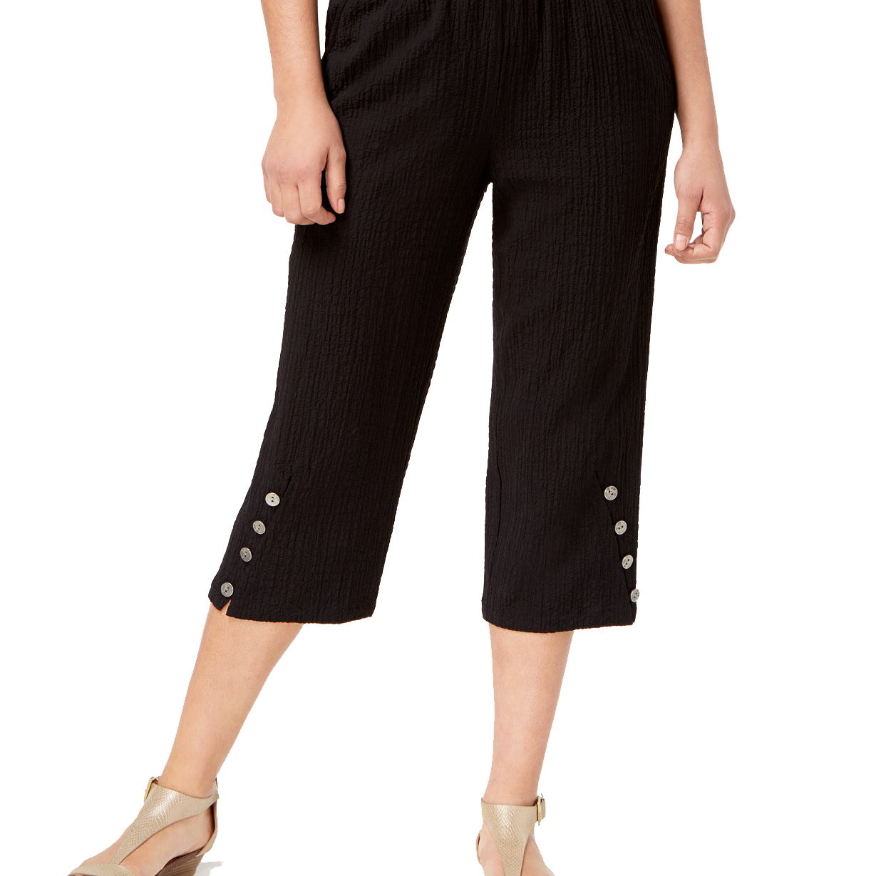 JM Collection Women Petite Button Hem Capri Pants Deep Black