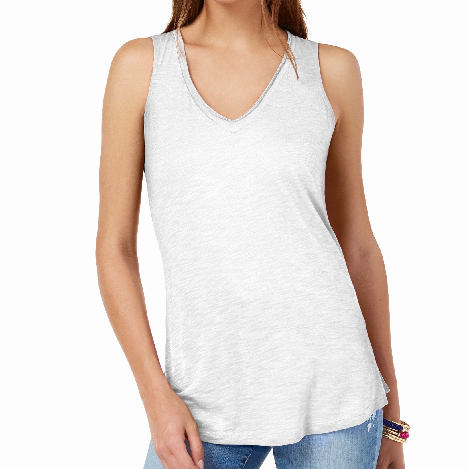 INC International Concepts Women V Neck Tank Top Bright White