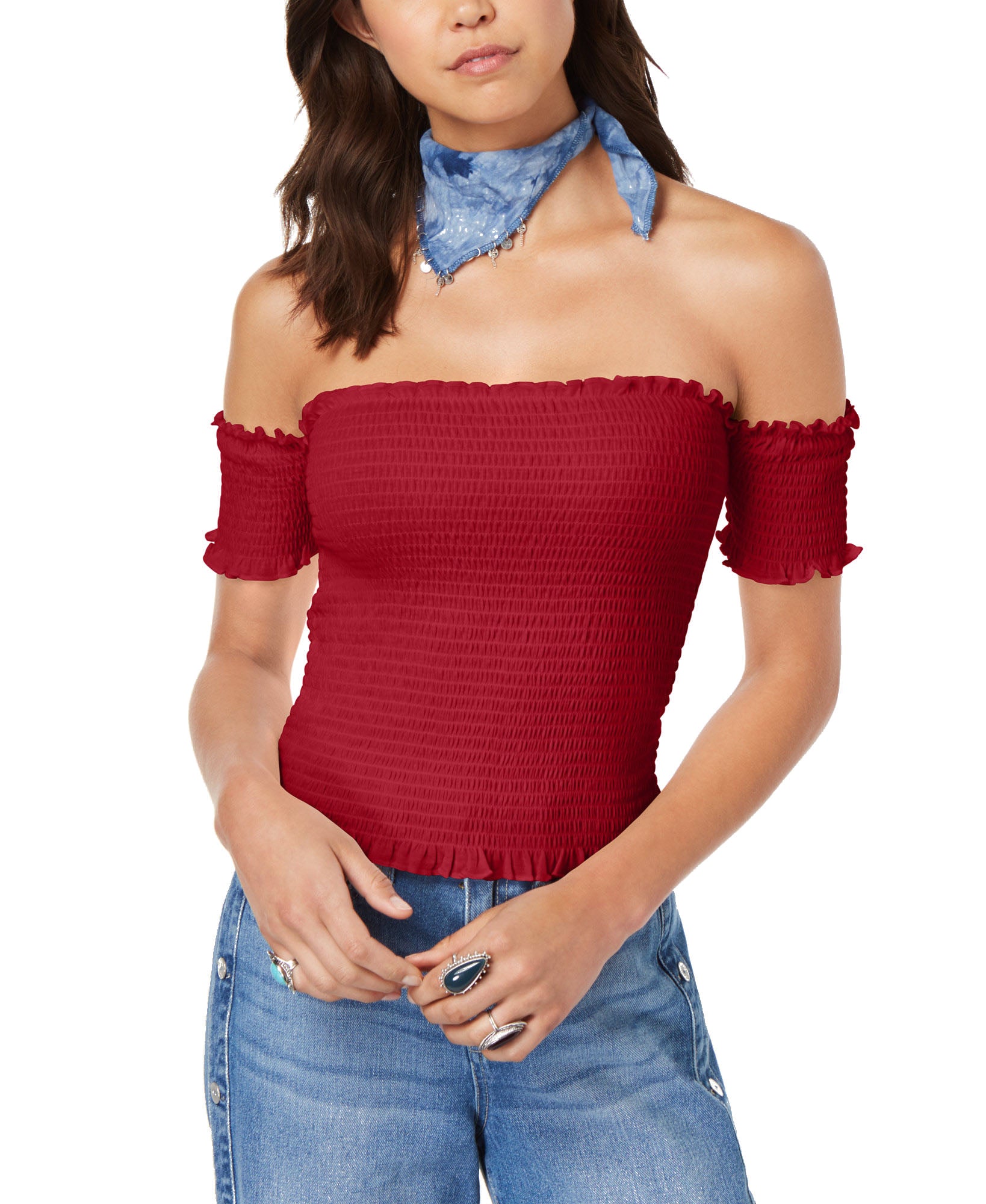 Crave Fame Women Smocked Off The Shoulder Crop Top Red