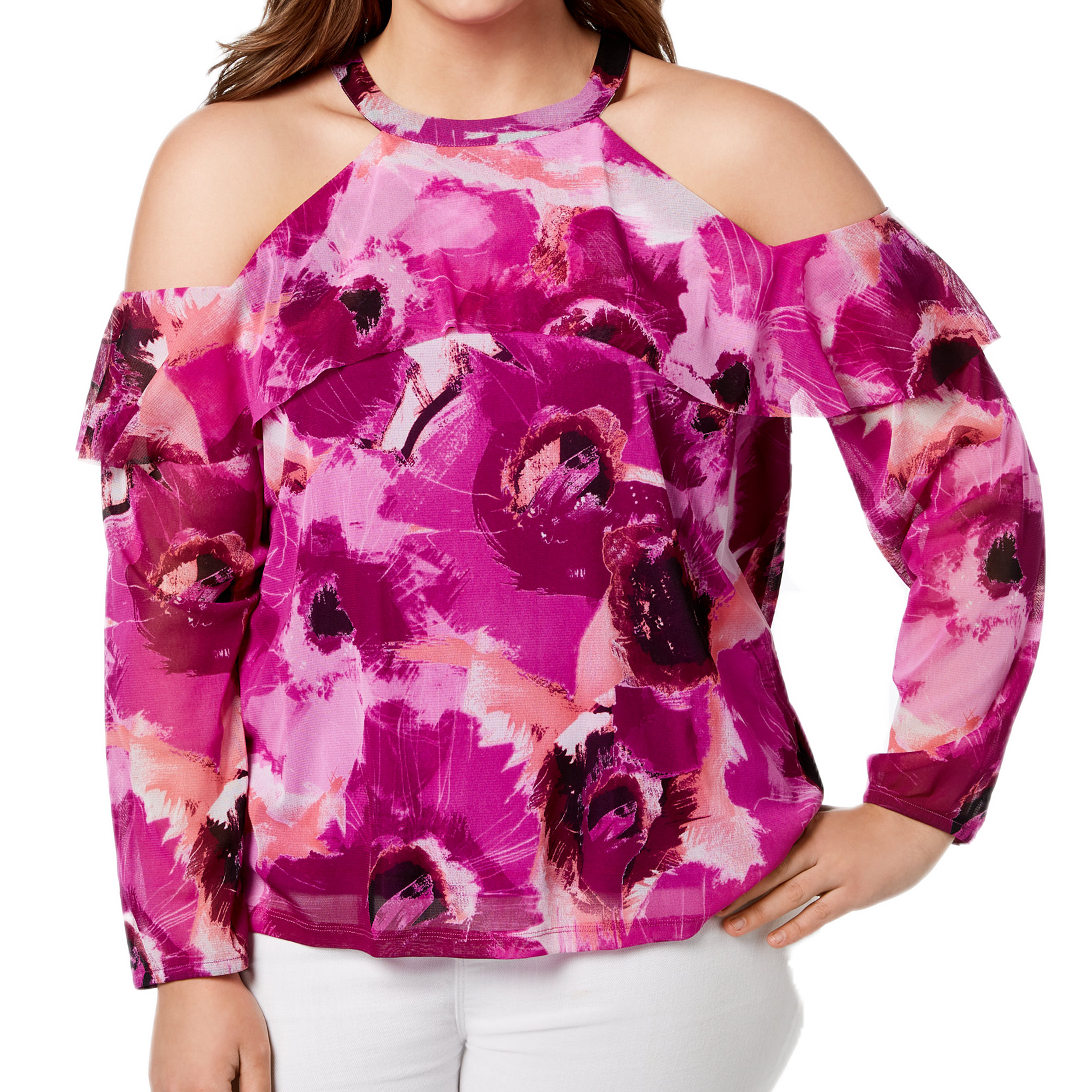 INC International Concepts Women Plus Cotton Cold Shoulder Halter Top Dream Poppy
