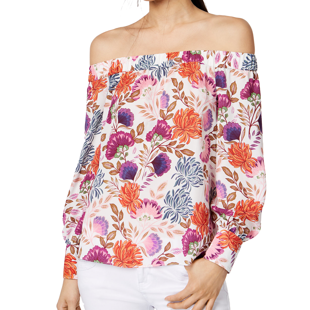 INC International Concepts Petite Printed Off The Shoulder Top Lovely Lobelia
