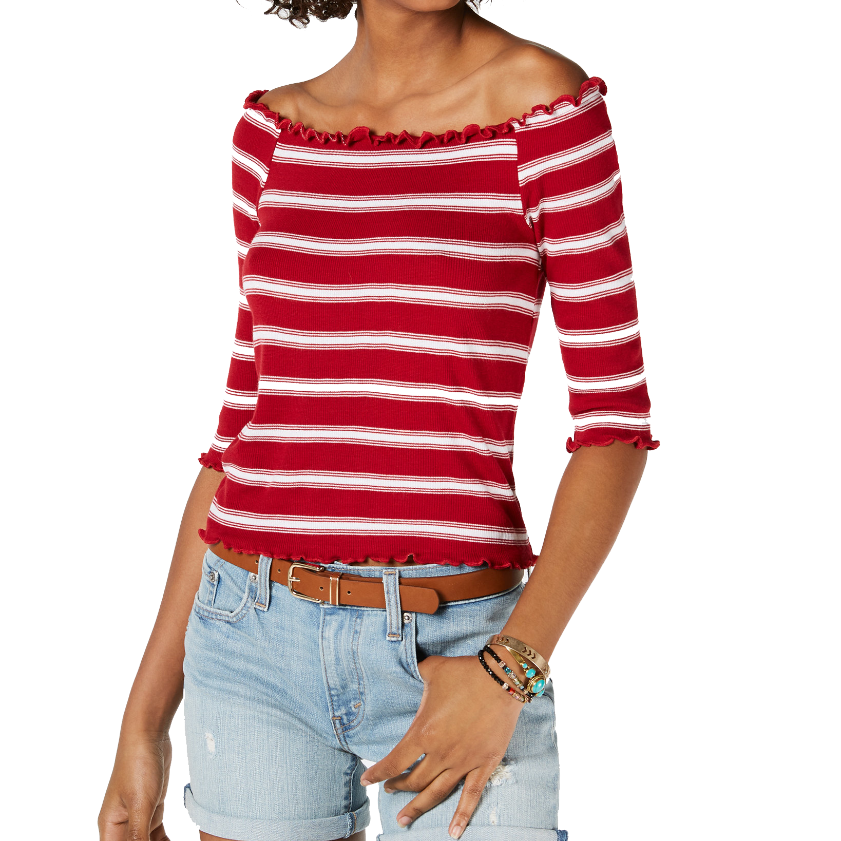 Hippie Rose Women Striped Off The Shoulder Top Red White Stripe