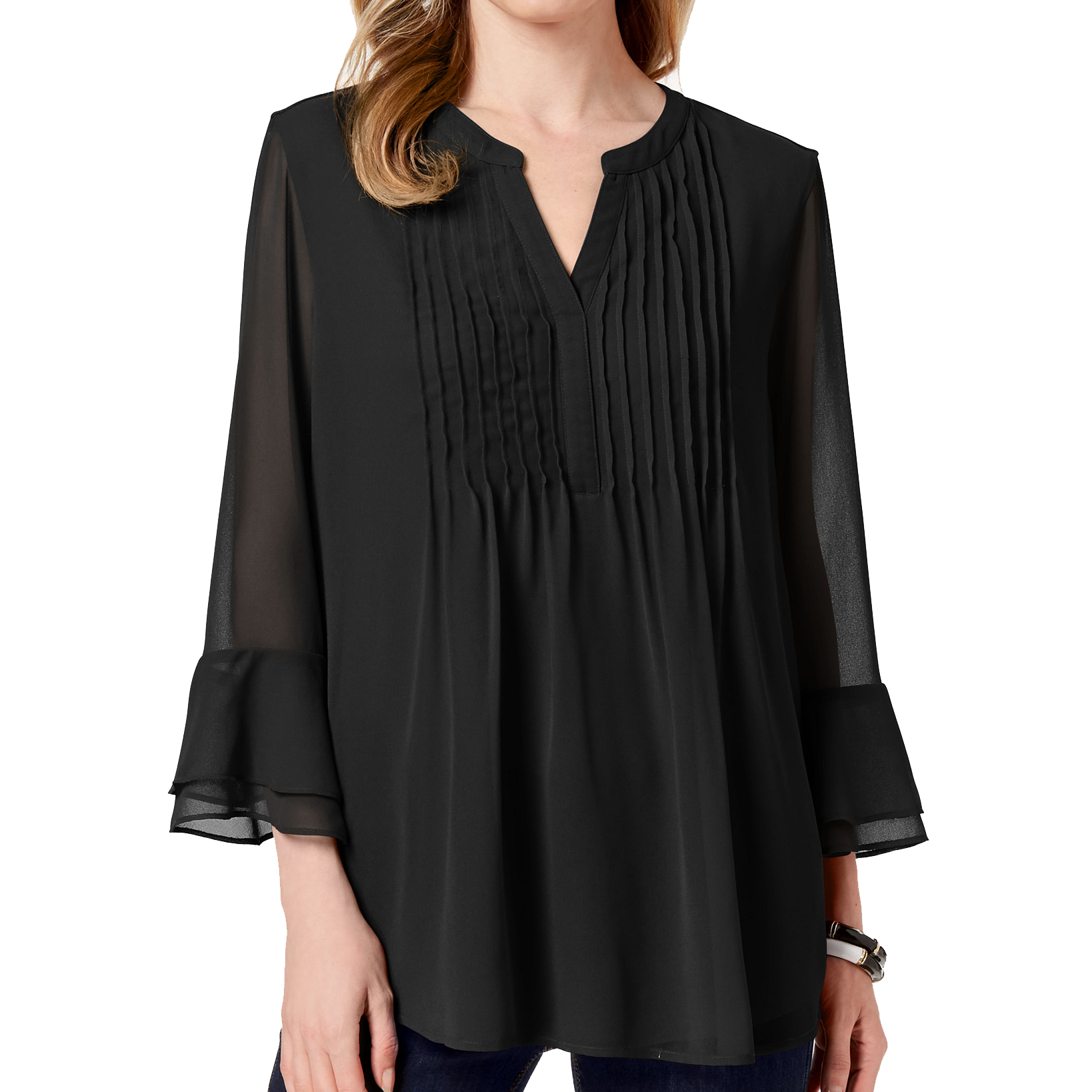 Charter Club Women Double Ruffle Solid Pintuck Top Deep Black
